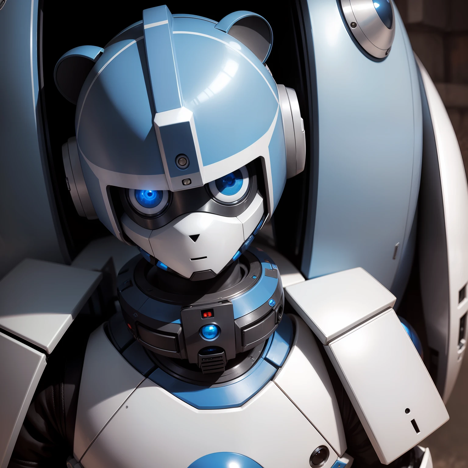 protective robot, mascote, azul e branco, the eyes are from camera lenses, it inspires protection and affection, it's beautiful, It looks like a teddy bear, but he is a valiant protector