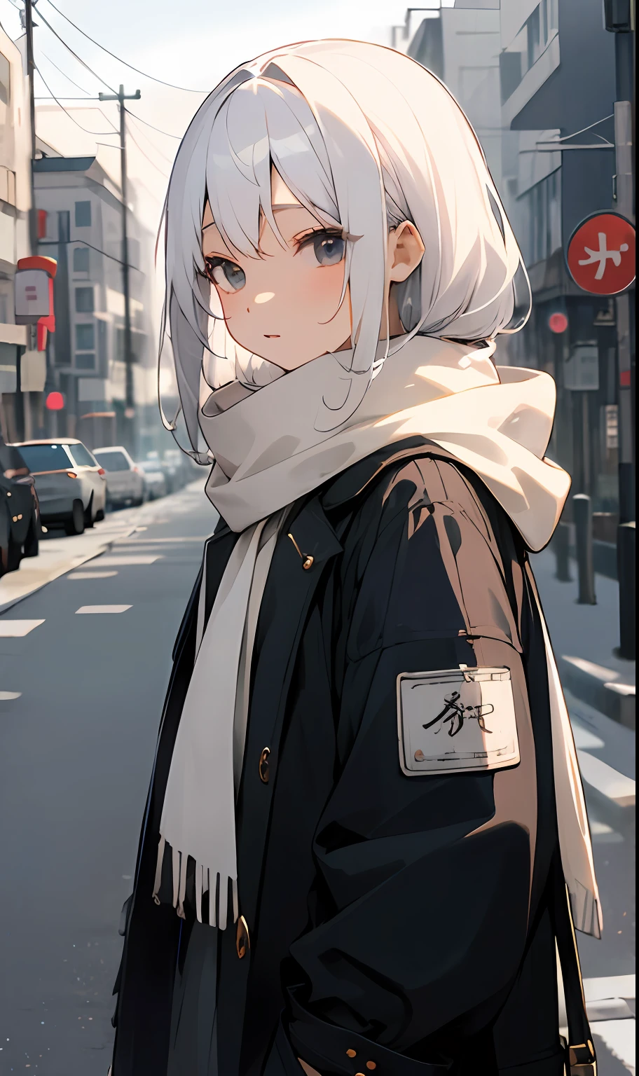 ​masterpiece、top-quality、女の子1人、white  hair、Medium Hair、kawaii、scarf、jaket、outside of house、Street、Casual,Stylish cityscape