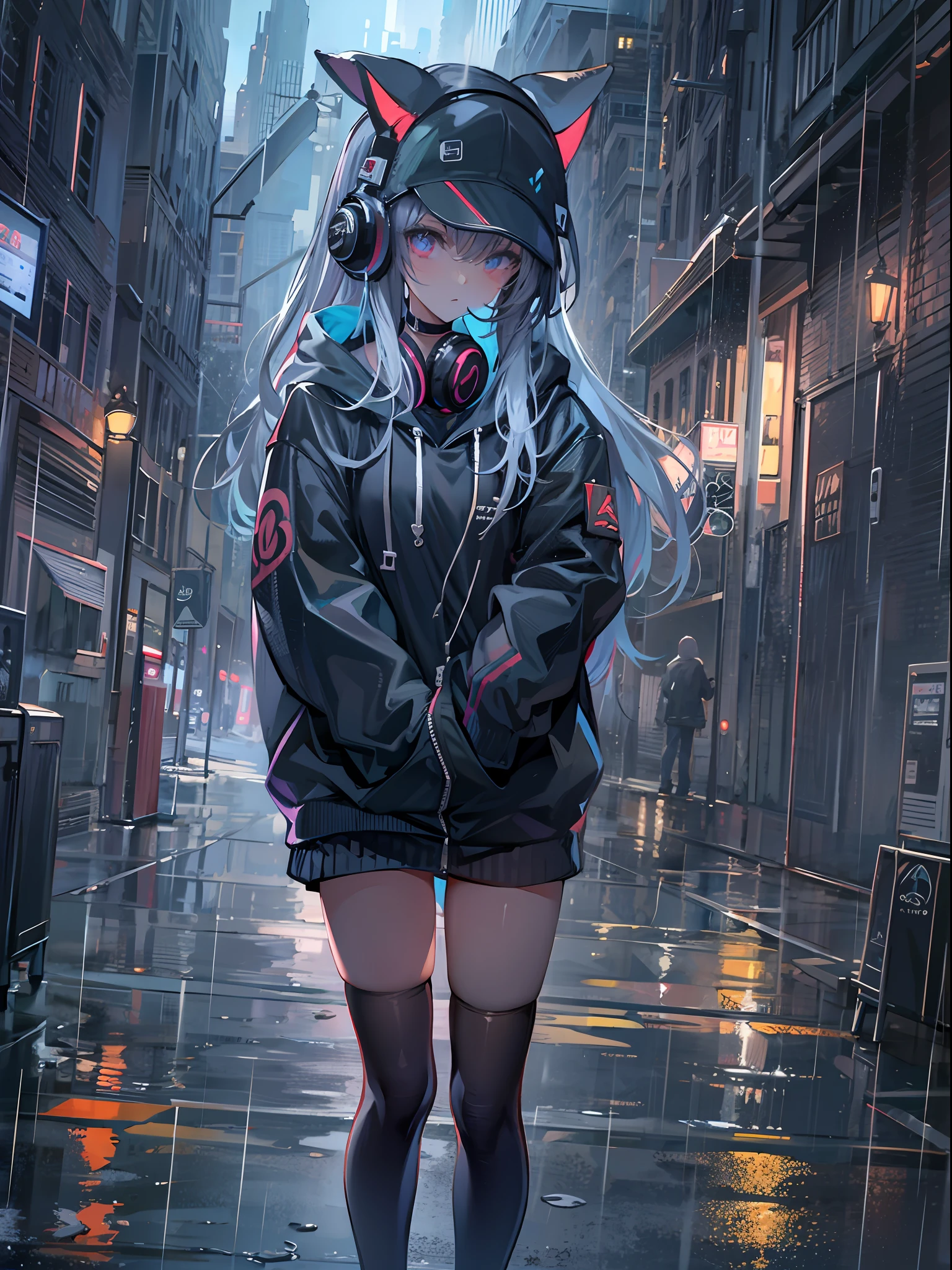 masterpiece, girl alone, solo, incredibly absurd, hoodie, headphones, street, outdoor, rain, neon,
