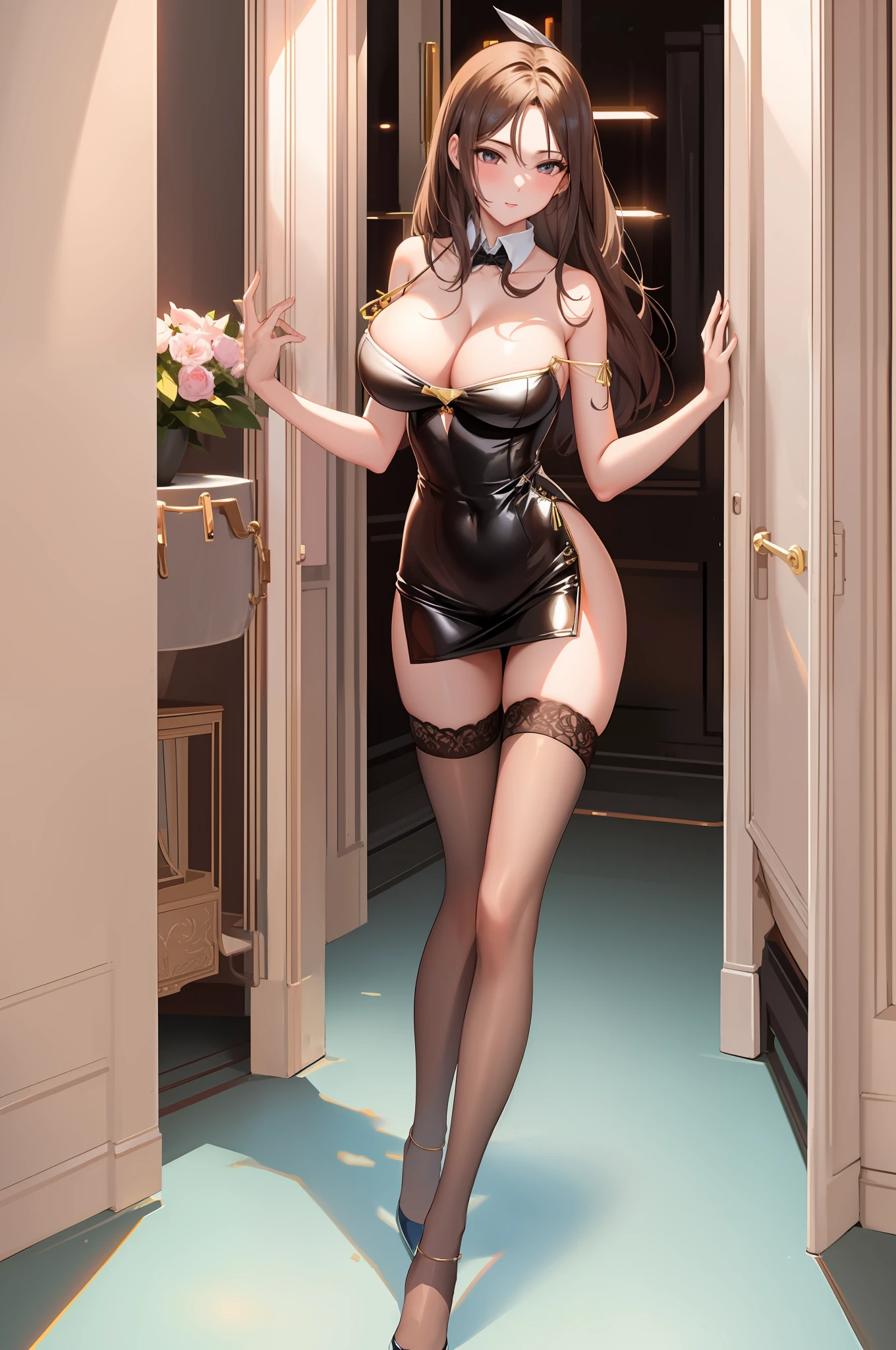 best qualtiy, Full body like，Refined face，pretty  face，25 years old woman，slimfigure，huge tit（1.2），Hosiery，Big，full bodyesbian，One leg is slightly raised