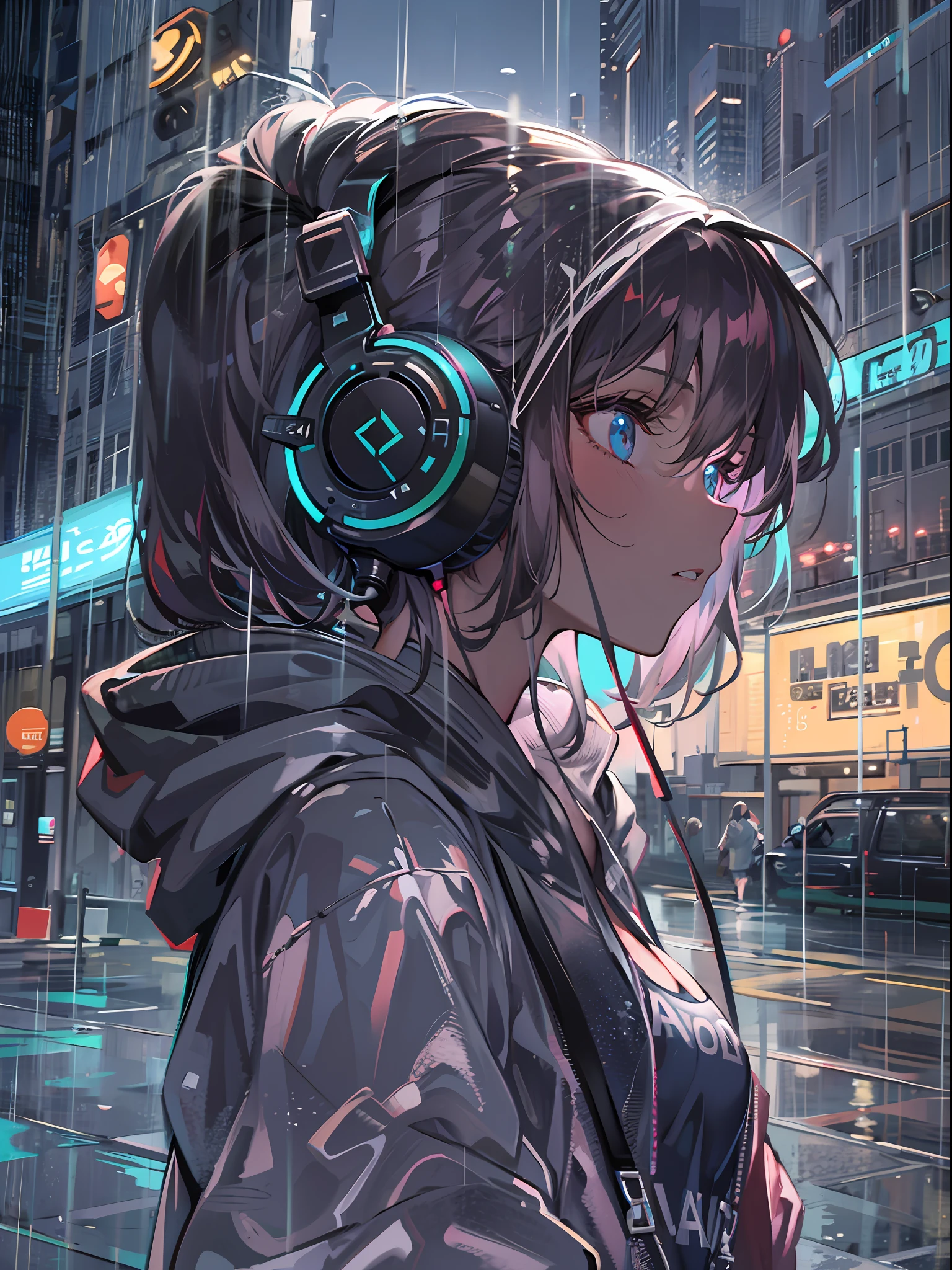 masterpiece, girl alone, solo, incredibly absurd, hoodie, headphones, street, outdoor, rain, neon,