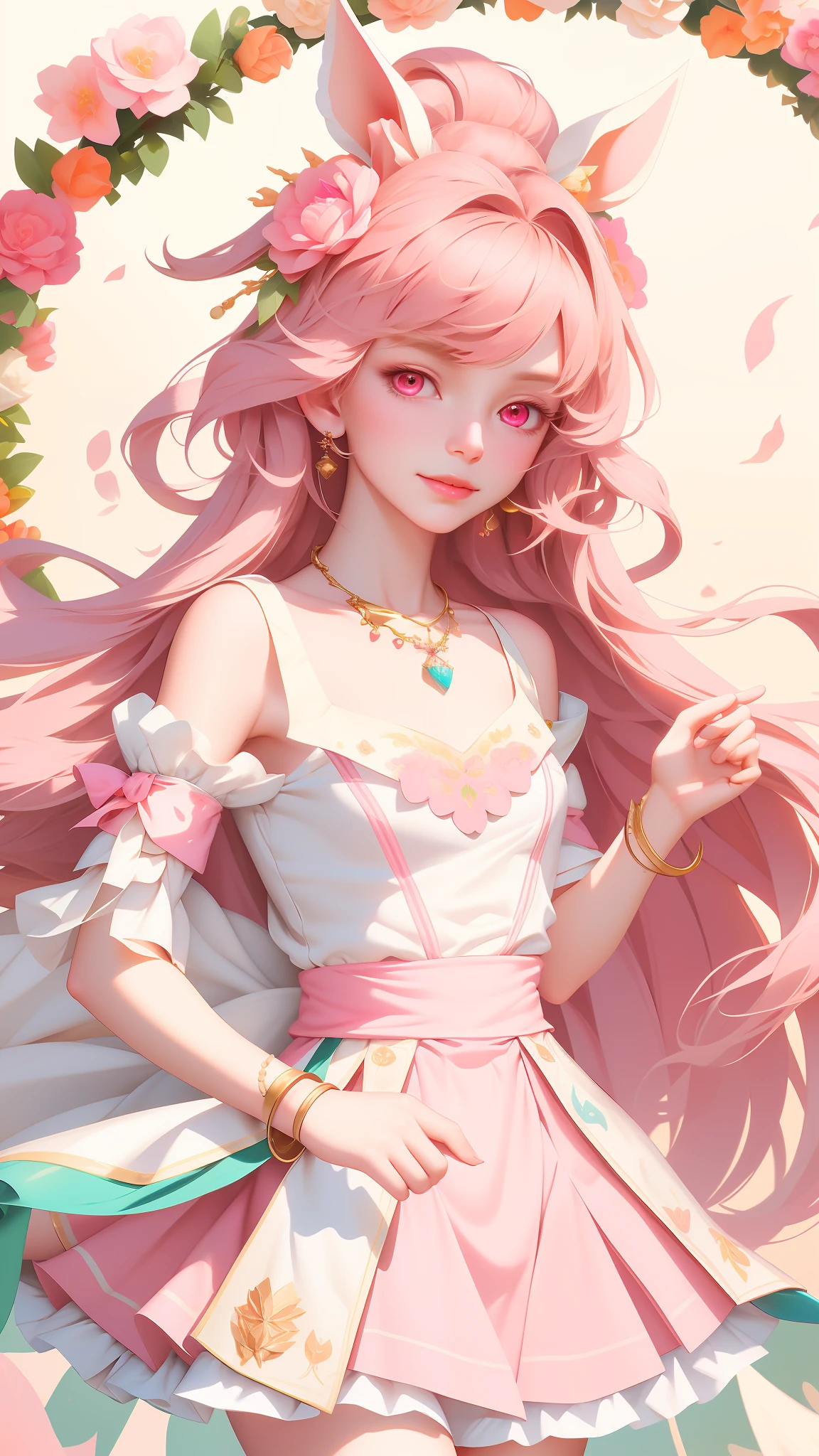 Best Quality, Superb Picture Quality, 8K, Masterpiece: 1.2, Ultra Detailed, Pink and White Clothes, , Beautiful Character Painting, Little Dance Inspired by Douluo Continent, Epic Exquisite Character Art, Ultra Detailed Clothing Details, Light Pink Eyes, With a Carrot Necklace