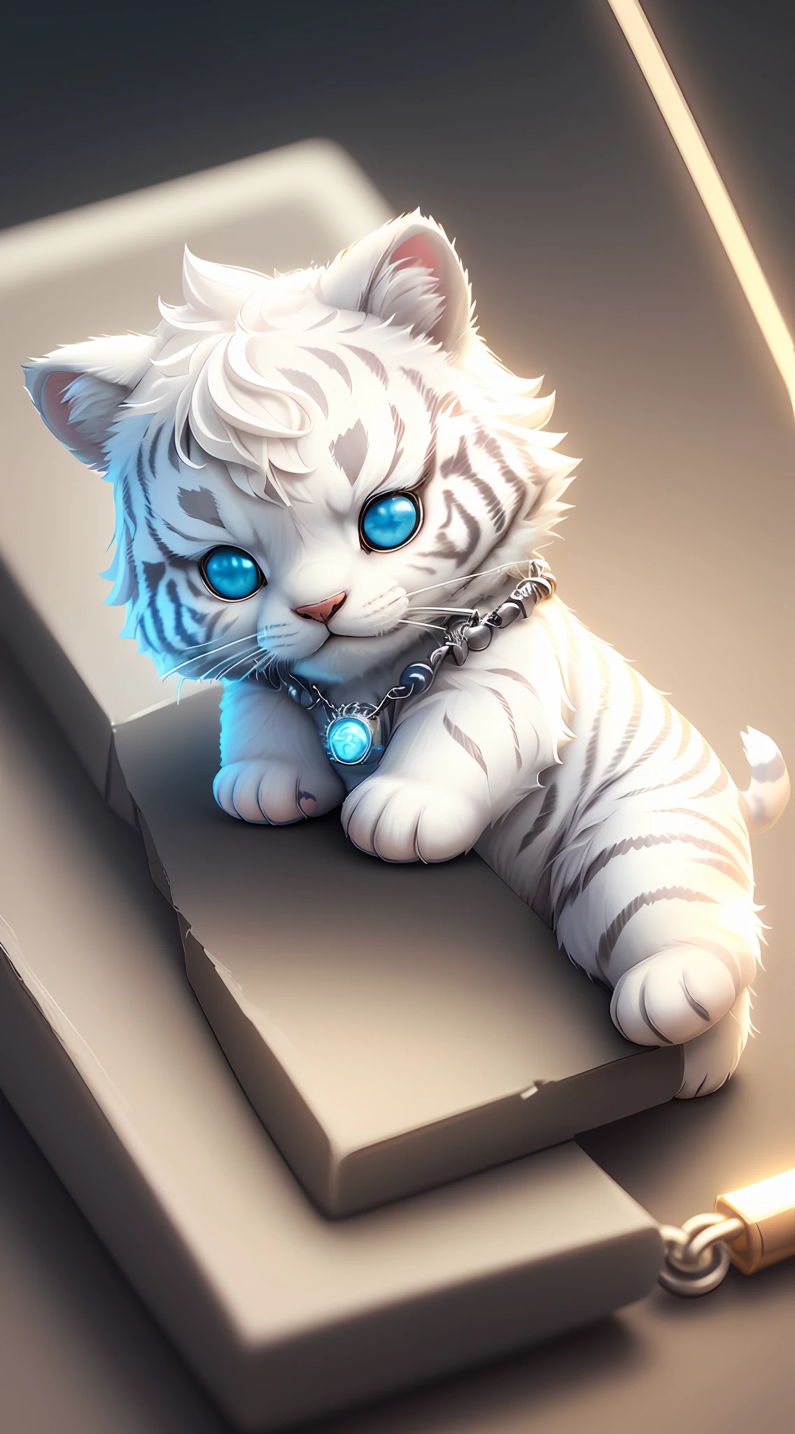 cute tiny hyperrealistic white tiger with different color eyes waring a necklace, Chibi, adorable and fluffy, logo design, cartoon, cinematic lighting effect, charming, 3D vector art, cute and quirky, fantasy art, bokeh, hand-drawn, digital painting, soft lighting, isometric style, 4K resolution, photorealistic rendering, highly detailed clean, vector image, photorealistic masterpiece, professional photography, simple space backdrop, flat white background, isometric, vibrant vector