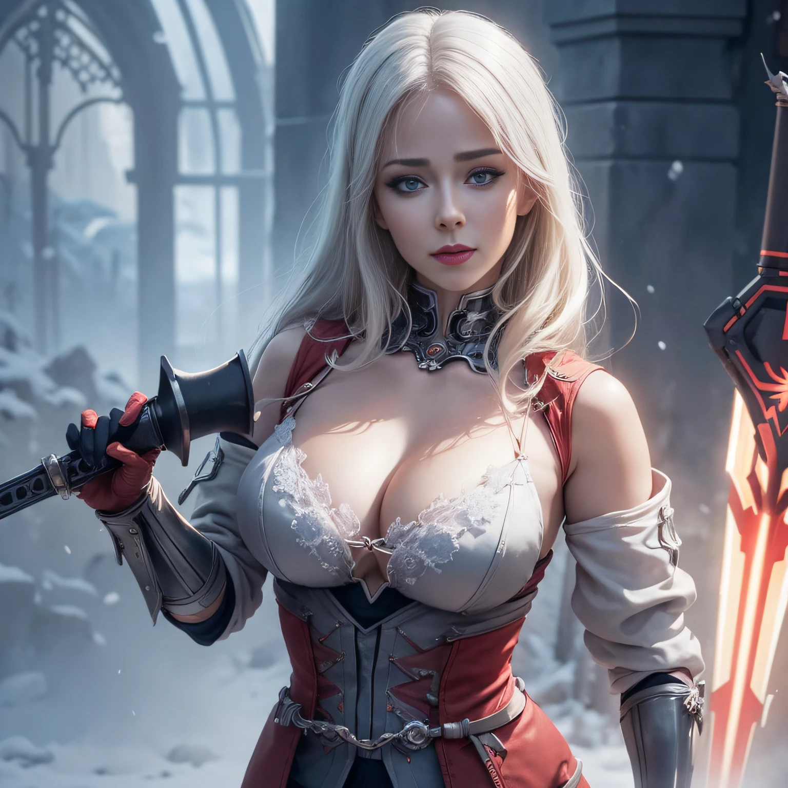 Cirilla Fiona Elen Riannon,The best illustration,Favor the details,closeup cleavage,dawn,Snow,winter,Wizard Sword,He has a delicate and beautiful face,((Red and white semi-mechanical body:1.8)),Raised sexy,cleavage,frontage,cyber punk perssonage,Futuristic,mechanically aesthetic,Complex machinery,Virtual Engine 5,Perfect detail rendering,rendering by octane,hyper HD