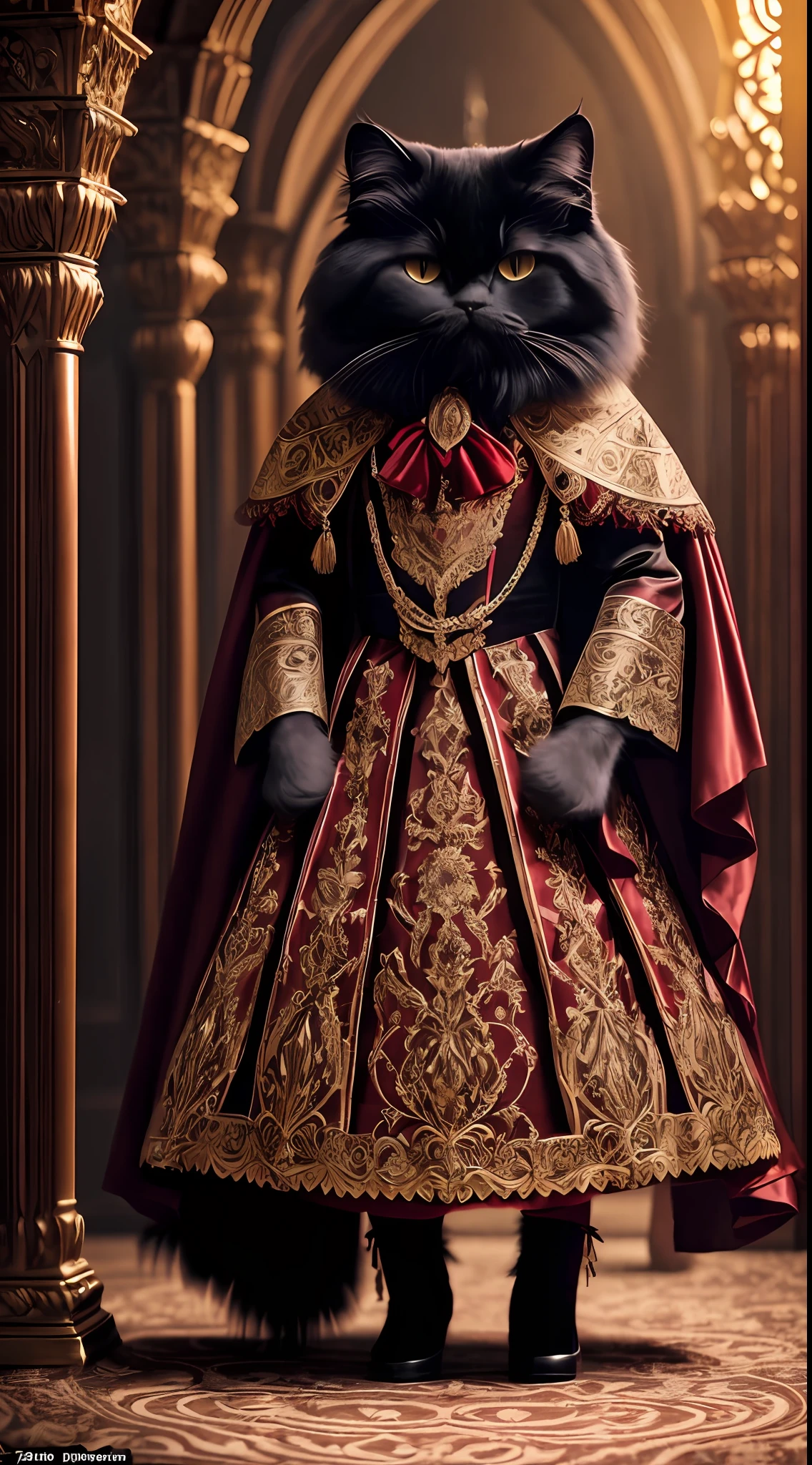 (Cinematic Photo: 1. 3), Portrait of Vampire Persian Cat Dressed as a Count, ((Full Body)) Directional Look, Cinematic Composition, (Intricately Detailed, Fine Detail, Hyper Detailed), Ultra Detailed, (Backlight: 1. 2) intricate, empire-style