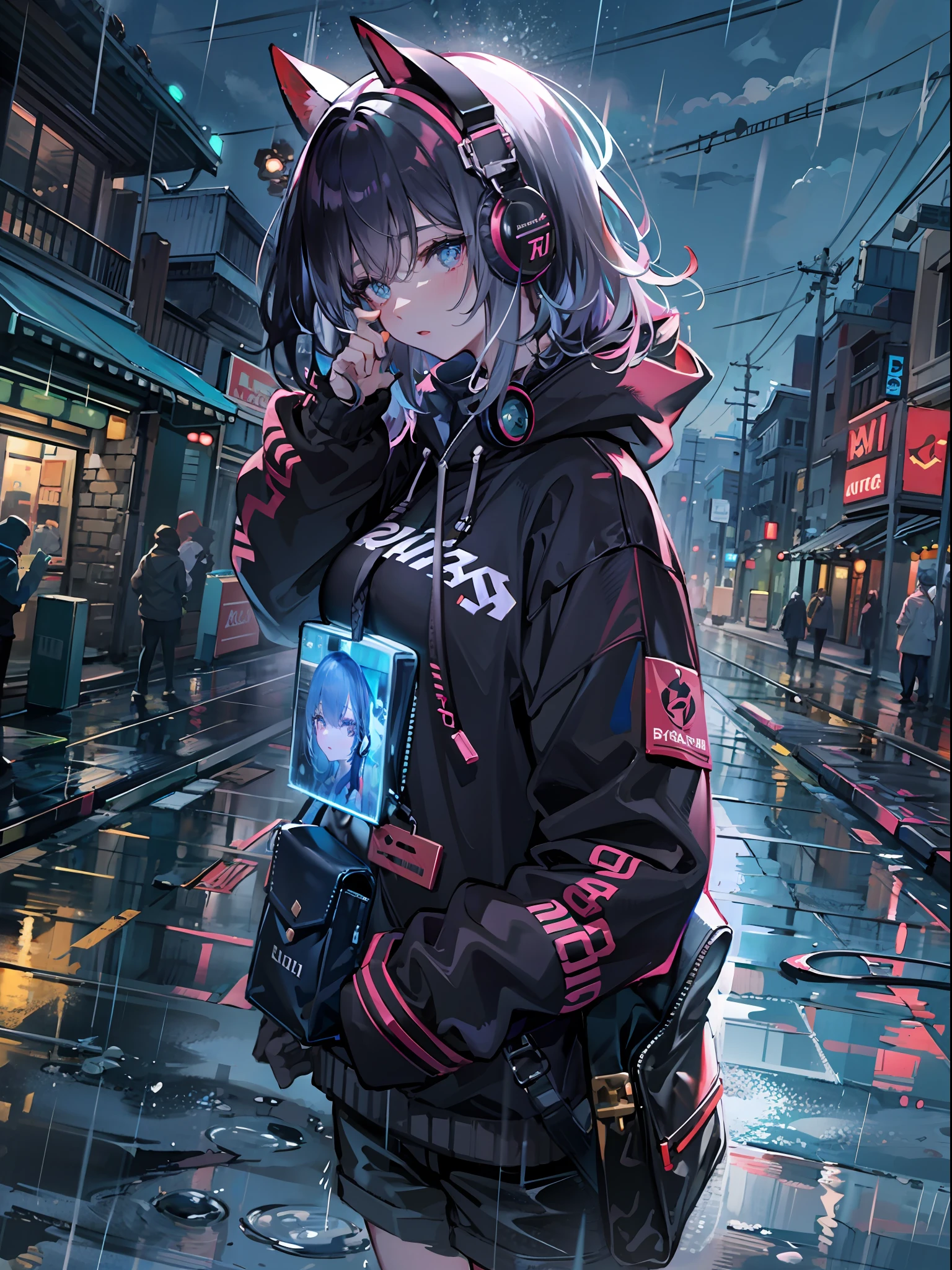 masterpiece, girl alone, solo, incredibly absurd, hoodie, headphones, street, outdoor, rain, neon,