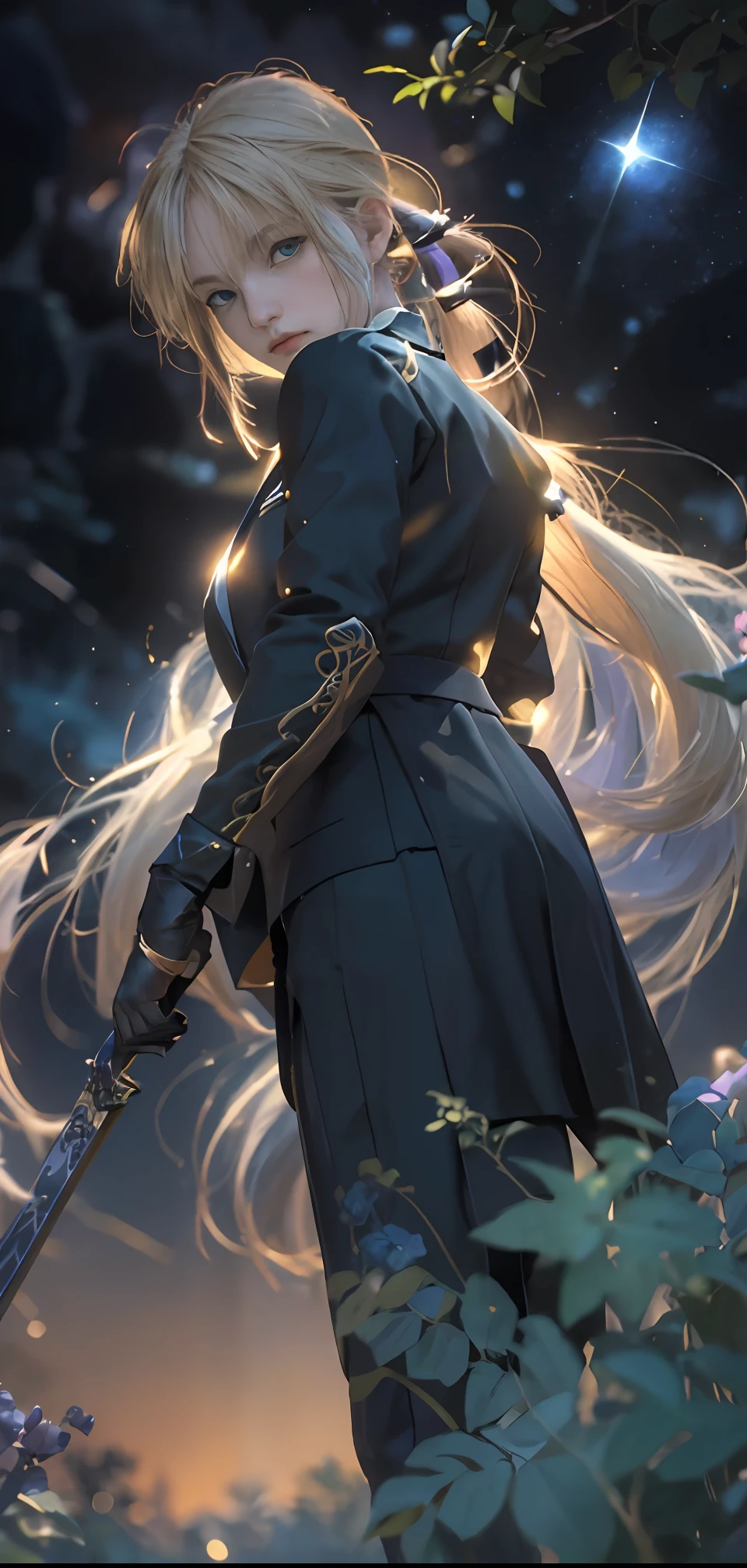 ((masterpiece:1.2, best quality)), realistic, 1girl, solo, blood, male focus, looking at viewer, artoria pendragon \(fate\), black (((suit))), black (((pant suit))), (((ponytail))), (((black gloves))), aurora, night, stars (sky), sky, night sky, starry sky, holding Magic Sword, Dark Clouds, Night, model shot, (Impressionism: 1.4), (Tarot: 1.3), Alphonse Mucha, BREAK