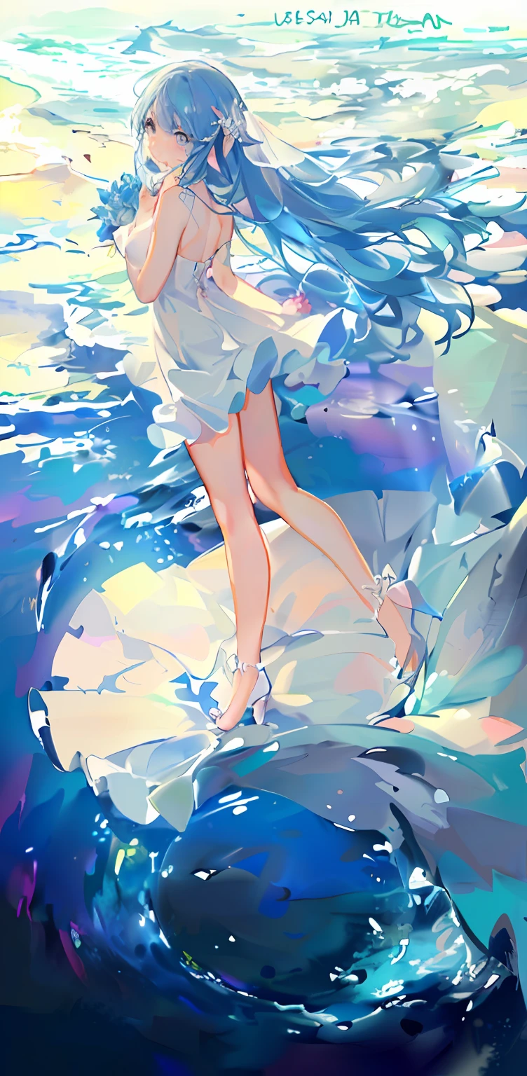 Best quality,tmasterpiece,wide wide shot,High depth of field,Cinematic texture,Underwater world,Elf girl in the sea,Jellyfish are around,Beautiful teenage girl,beautidful eyes,in wedding dresses,The wedding dress was drenched in water,Bright colors,Long hair fluttering,Hair color with a yellow-blue gradient,lithe,With a smile,Look up and up,Girl at the bottom of the sea,Pictures in the water