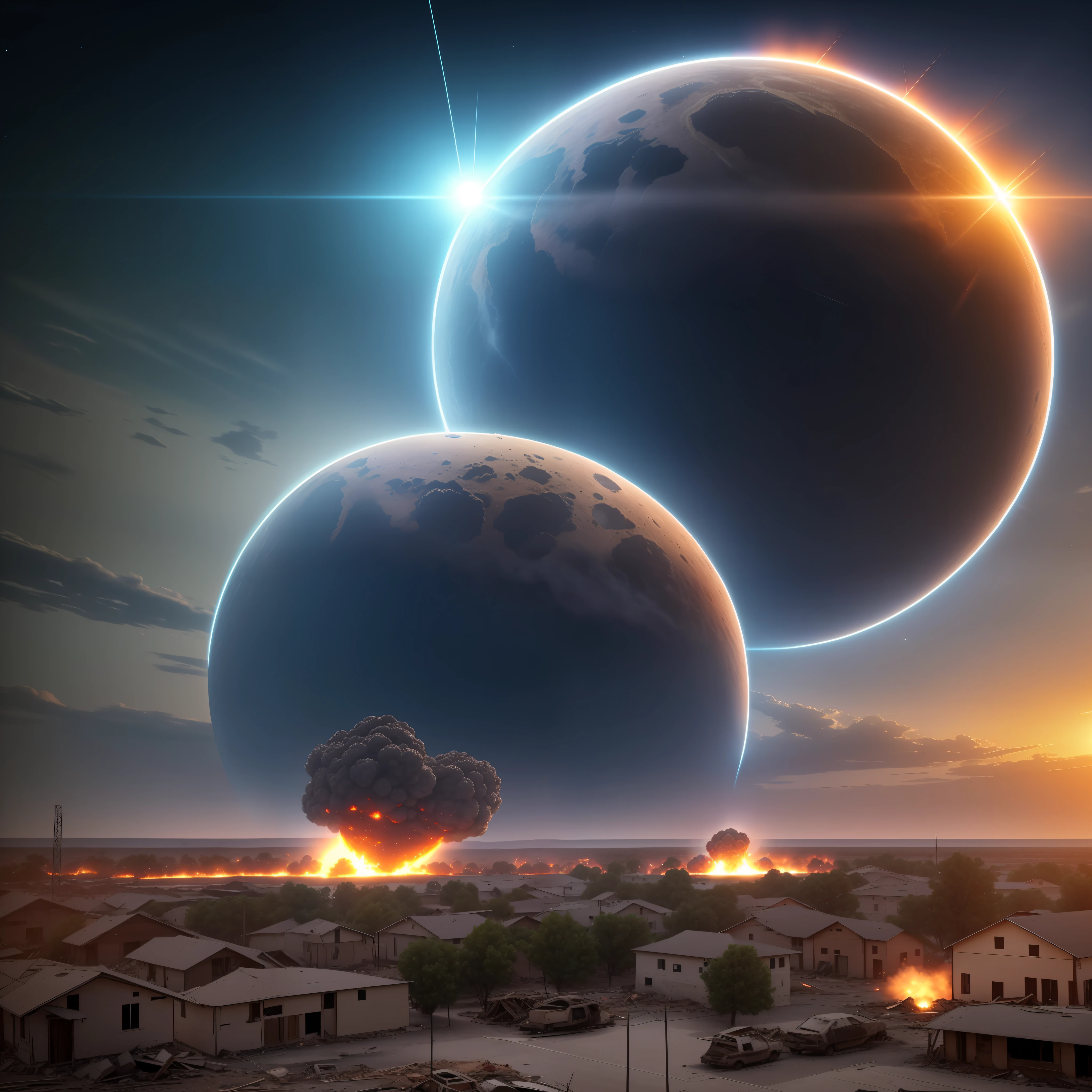 It was a clear summer night in Reed City when the first warning came - a bright flash in the sky as the asteroid entered the atmosphere. Travelling at thousands of miles per hour, the massive space rock glowed red hot as it descended towards the unsuspecting town.
People stepped outside to see what looked like a second sun plummeting to the earth. Before panic could set in, the asteroid slammed into the ground just outside of town with a thunderous boom, sending a shockwave rippling through the community. A crater hundreds of feet deep and over a mile wide was forged instantaneously from the force of the impact.
Inside the crater, the asteroid continued to glow molten hot, having vaporized on impact. The homes closest to ground zero were obliterated in an instant, reduced to splinters and ashes by the intense heat and pressure. Further into town, roofs were torn off houses, windows shattered, trees uprooted and cars overturned by the blast.
As the smoke cleared, the true scale of the devastation became apparent. The center of Reed City was destroyed, with numerous homes and businesses leveled. Injured and dazed residents staggered through the rubble-strewn streets in shock and disbelief. The crater still smoked ominously, a testament to the otherworldly force that had decimated their community in mere seconds. Recovery would be long and painful for the resilient people of Reed City. But for now, all they could do was band together and start the process of rebuilding what remained of their town.