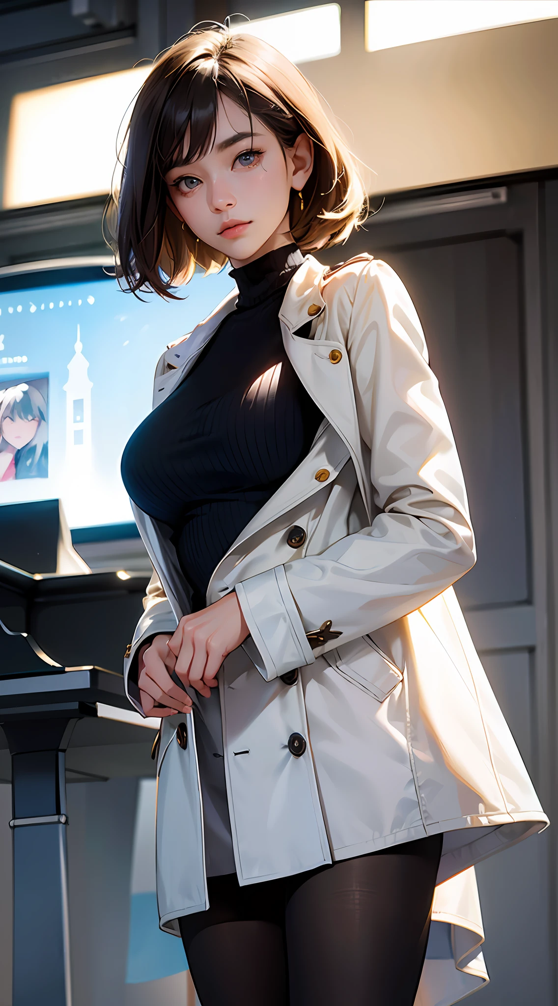 PM, (Dark blue knitwear and white trench coat:1), Golden Fringe Shorthair, Light brown eyes, 1girl in, 20yr old, Innocence, (Photorealsitic), (​masterpiece, :1.3),(top-quality:1.4), (超A high resolution:1.2), 超A high resolution, (A detailed eye), (detailed facial features), nffsw, 8K分辨率, (lensflare:0.7),Colossal tits、tights
