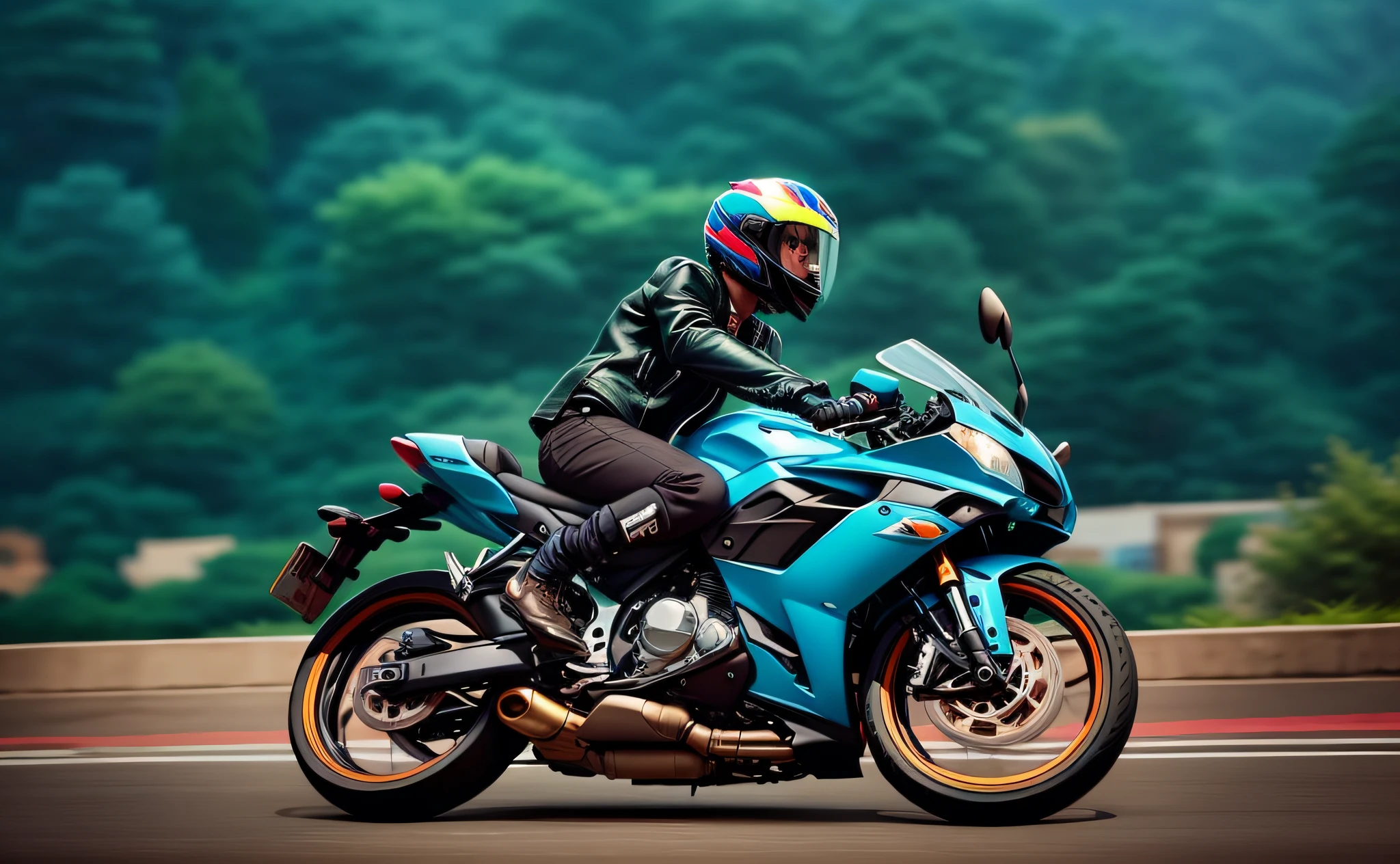 Alafard man riding a blue motorcycle in a black leather jacket, easy go, tour, Riding, cover shot, Vibrant and dynamic, R6, easy, colours, riding a motorbike down a street, Photo Hot, riding on the road, full frame shot, ERU, colorful picture, riding a motorcycle, riding motorcycles, very very happy!, C4