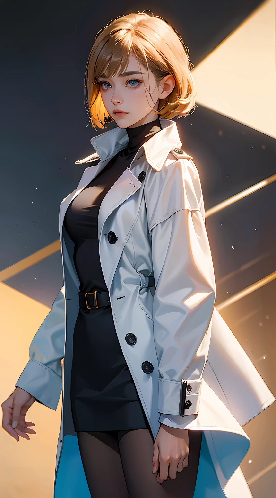 PM, (Dark blue knitwear and white trench coat:1), Golden Fringe Shorthair, Light brown eyes, 1girl in, 20yr old, Innocence, (Photorealsitic), (masterpiece, :1.3),(top-quality:1.4), (超A high resolution:1.2), 超A high resolution, (A detailed eye), (detailed facial features), nffsw, 8K分辨率, (lensflare:0.7),Colossal tits、tights