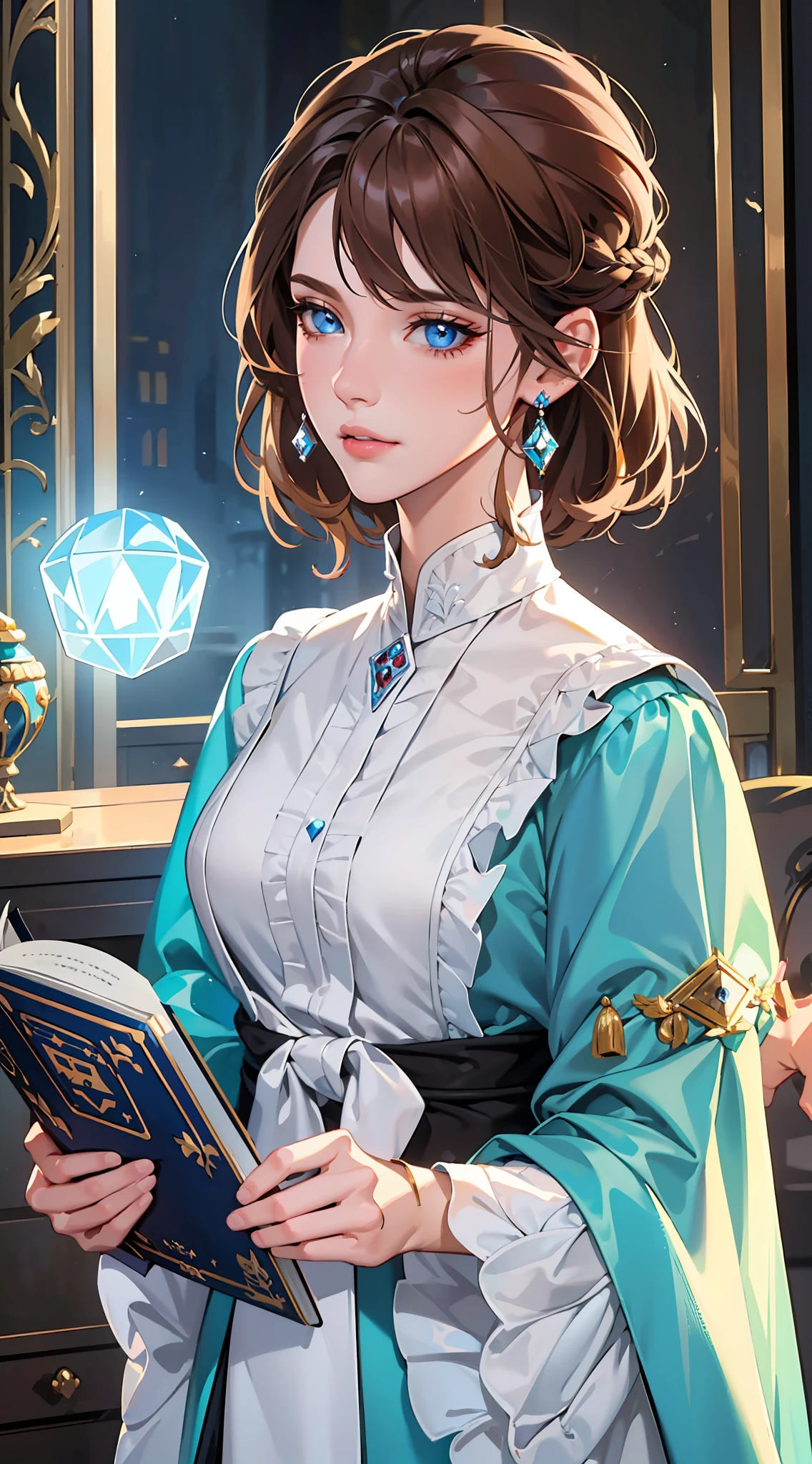 kk, best quality, more details, masterpiece, 1 girl, portrait, female focus, blue eyes like diamonds, solo, bangs, look at the viewer, frilly shirt, short hair, (((fantasy city, palace))), highlights, holding a magic spell book, brown hair, wavy, luxurious, 8k, detailed, ray tracing, depth of field, cinematic lighting,