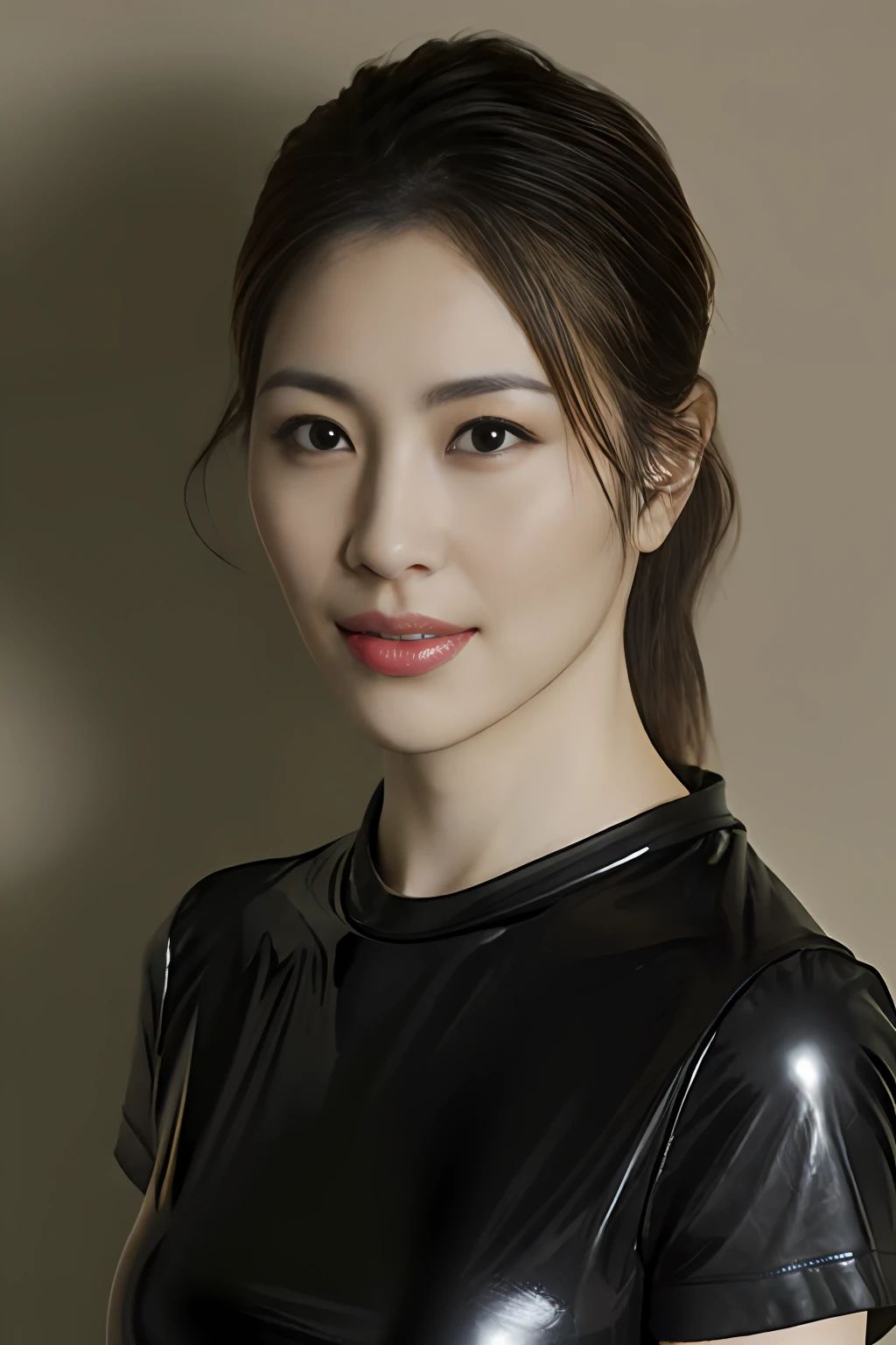 Japan woman in black latex t-shirt、(Photo Real:1.4)、
1girl in、(Brightening light:1.2)、(Increase quality:1.4)、
(Top quality real texture skins:1.4)、
(Mood up the body line:1.1)、(Improve skin texture:1.1)