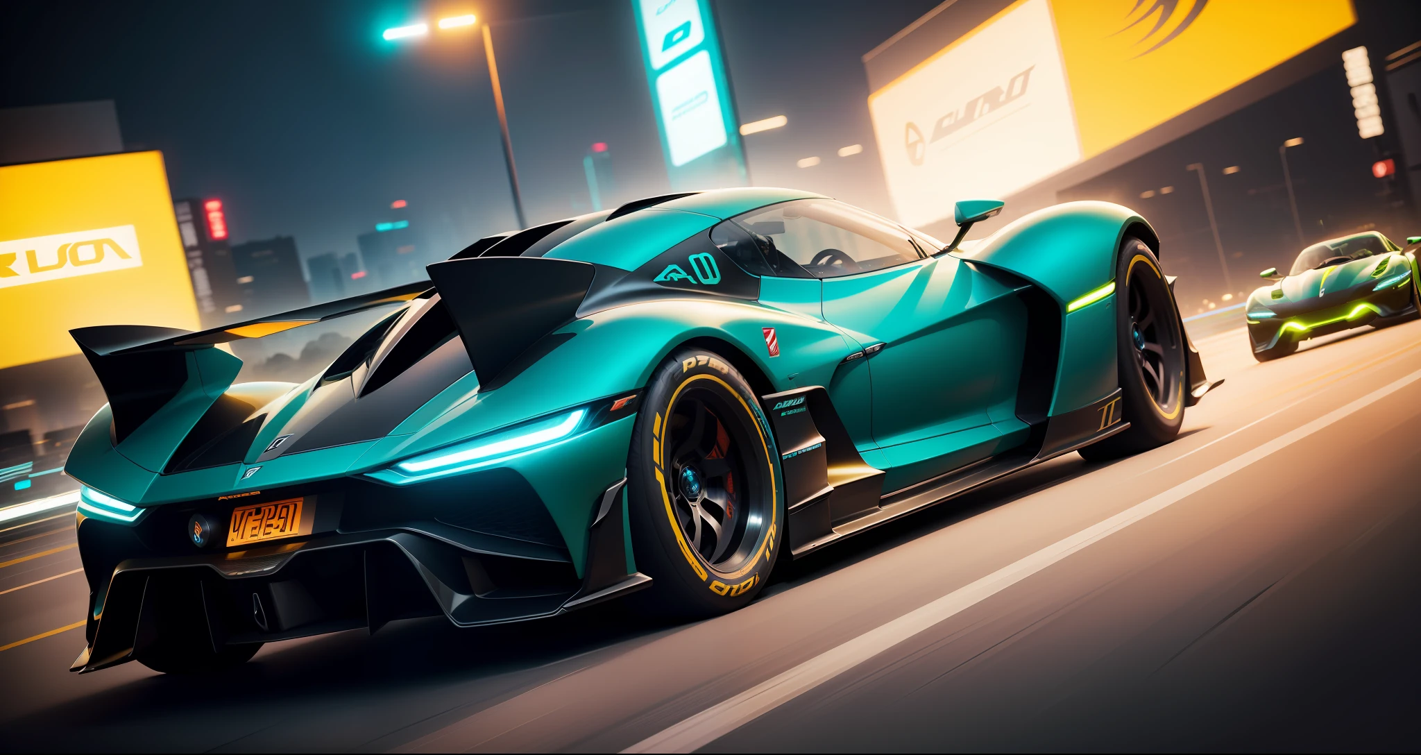 carro de corrida futurista, velocidade alucinante, Strategic design, Perfect aerodynamic lines, energia pulsante, advanced technology, vibrant neon lighting, cores fluorescentes intensas, sombras hipnotizantes, detalhes futuristas impressionantes