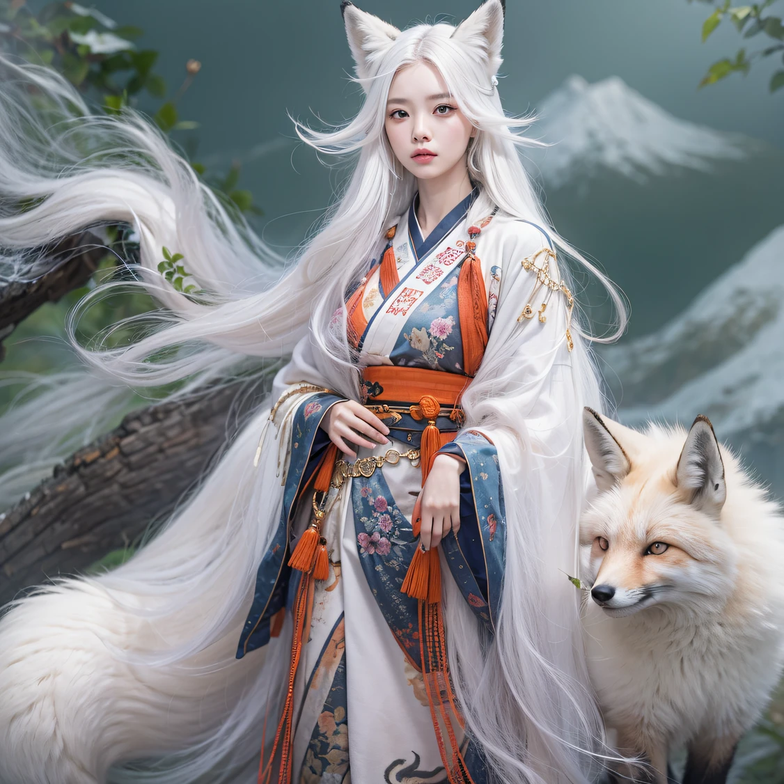 White hair，A girl with fox ears，There is a fox tail on the ass，Wearing clothes in ancient Chinese style，standing on top of a mountain，Long-range shots，a sense of mystery