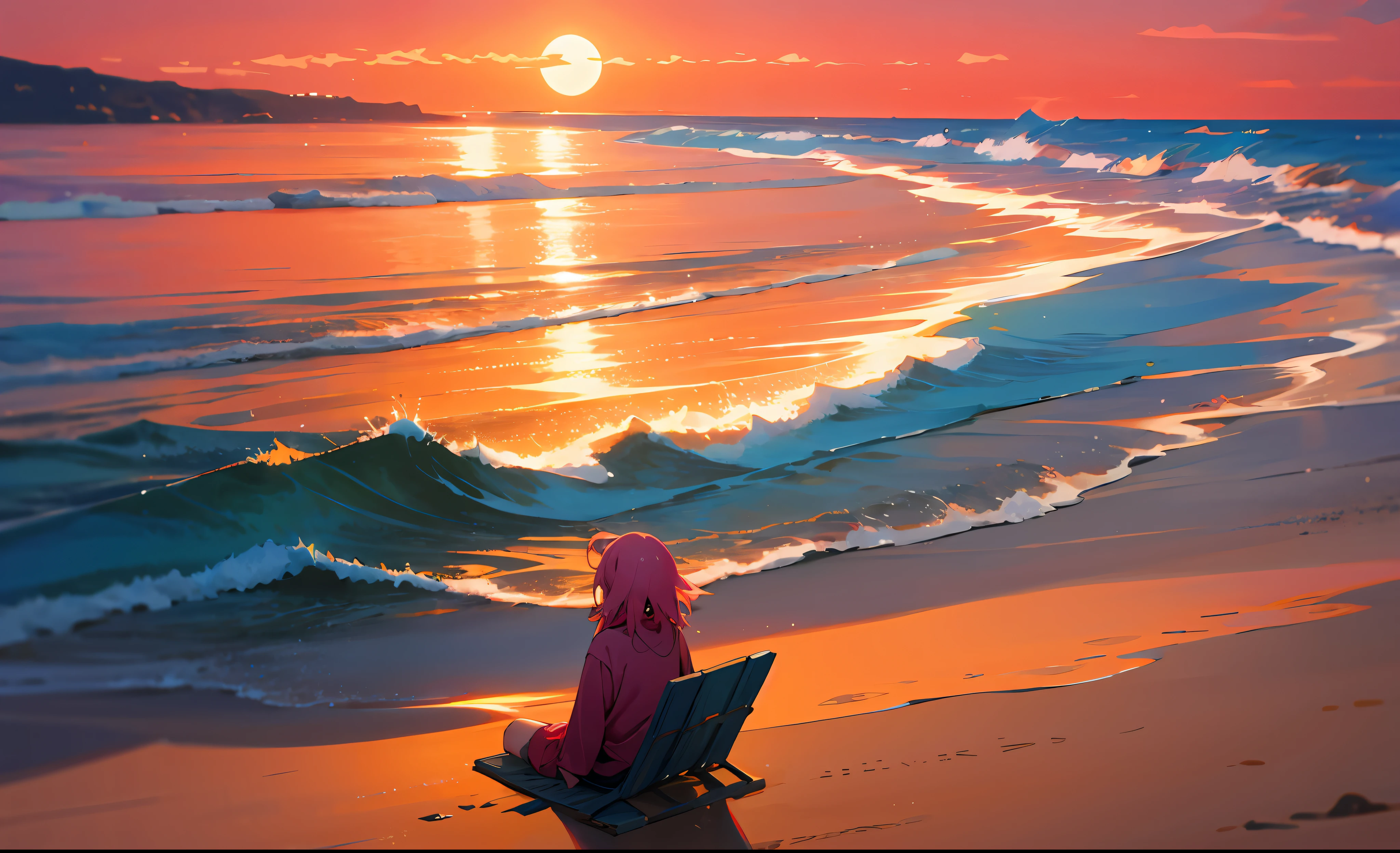 Imagem gerada por IA:
[Imagem realista de uma praia ao entardecer, with the sky in soft shades of pink and orange. The sea is calm, e as ondas rolam suavemente na costa. A solitary figure sitting on the sand is immersed in the relaxing music, emanating a sense of tranquility and stress relief.]