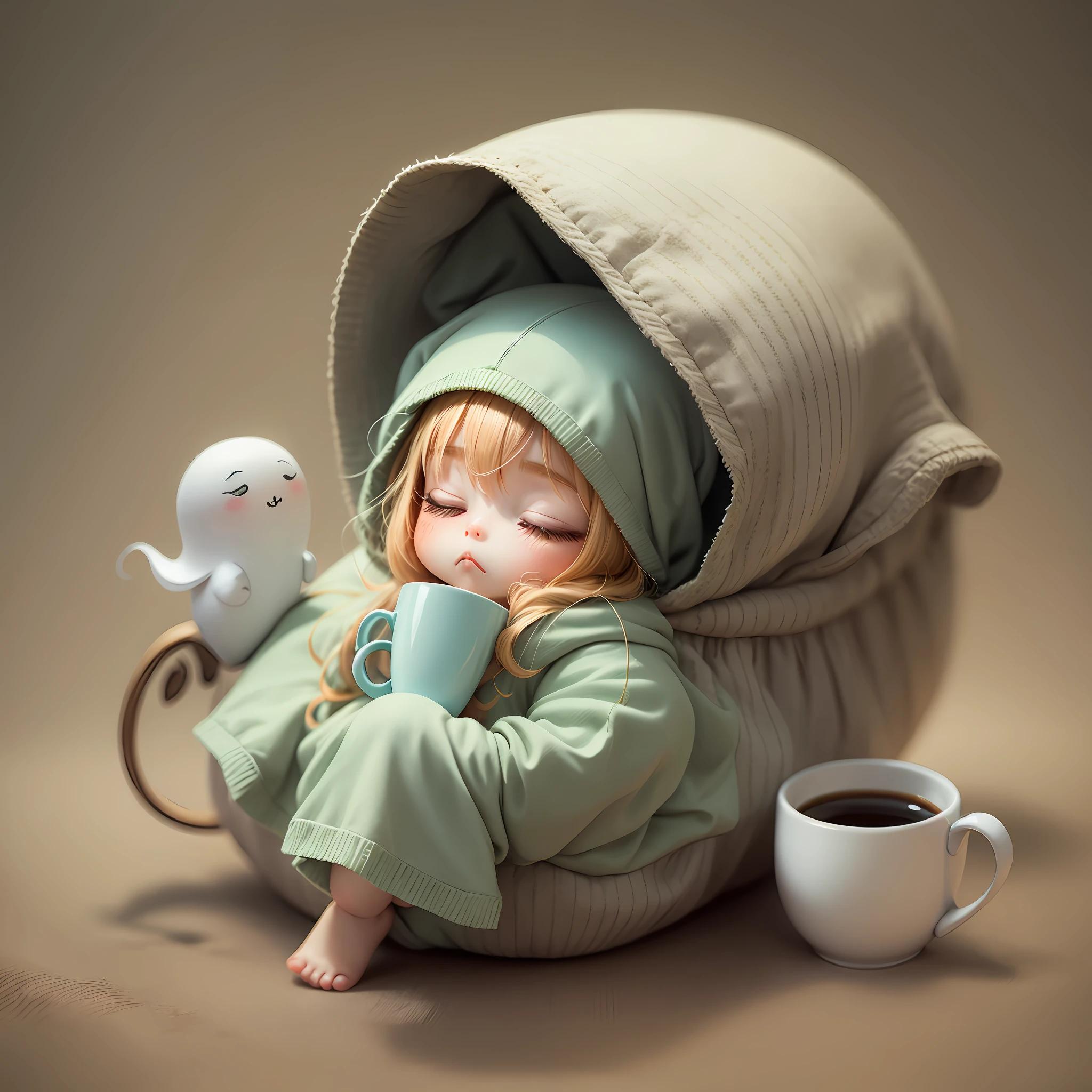 cute sleepy chibi wearing a ghost costume waking up with a cup of coffee, faded vintage, white background, whimsical, funny --auto --s2