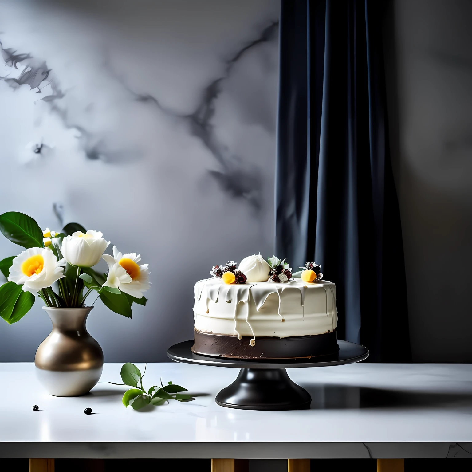 Cake with flowers and vase on the table, Stylized food photography, High quality food photography, Food styling, HD food photography, Food photography, Culinary art photography, Professional food photography, 4K food photography, 4K food photography photography, Polymer clay food photography 4k, High quality product photography, Dramatic product photography, 4K food photography, Close-up food photography