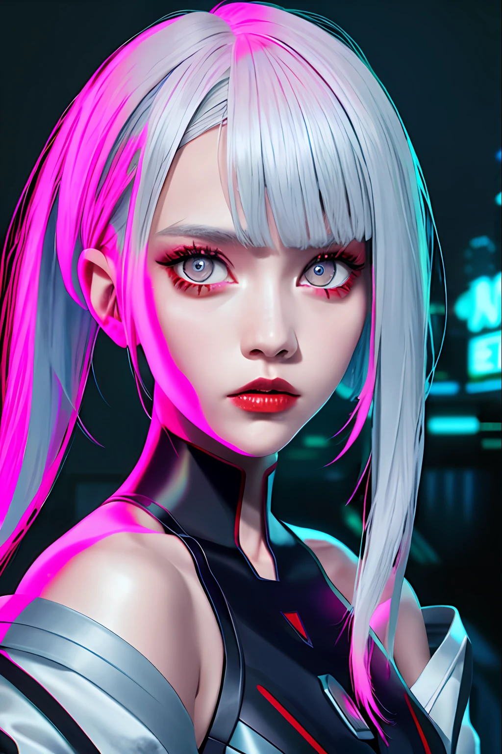 lucy \(cyberpunk\), 1girl,  hair scrunchie, hime cut, silver hair, colored tips, full moon, grey eyes, jacket, long sleeves, looking at viewer, medium hair, multicolored hair, parted bangs, parted lips, pink hair, portrait, red eyeliner, red lips, solo, white jacket, cyberpunk \(series\), rainy night in a cyberpunk city with glowing neon lights