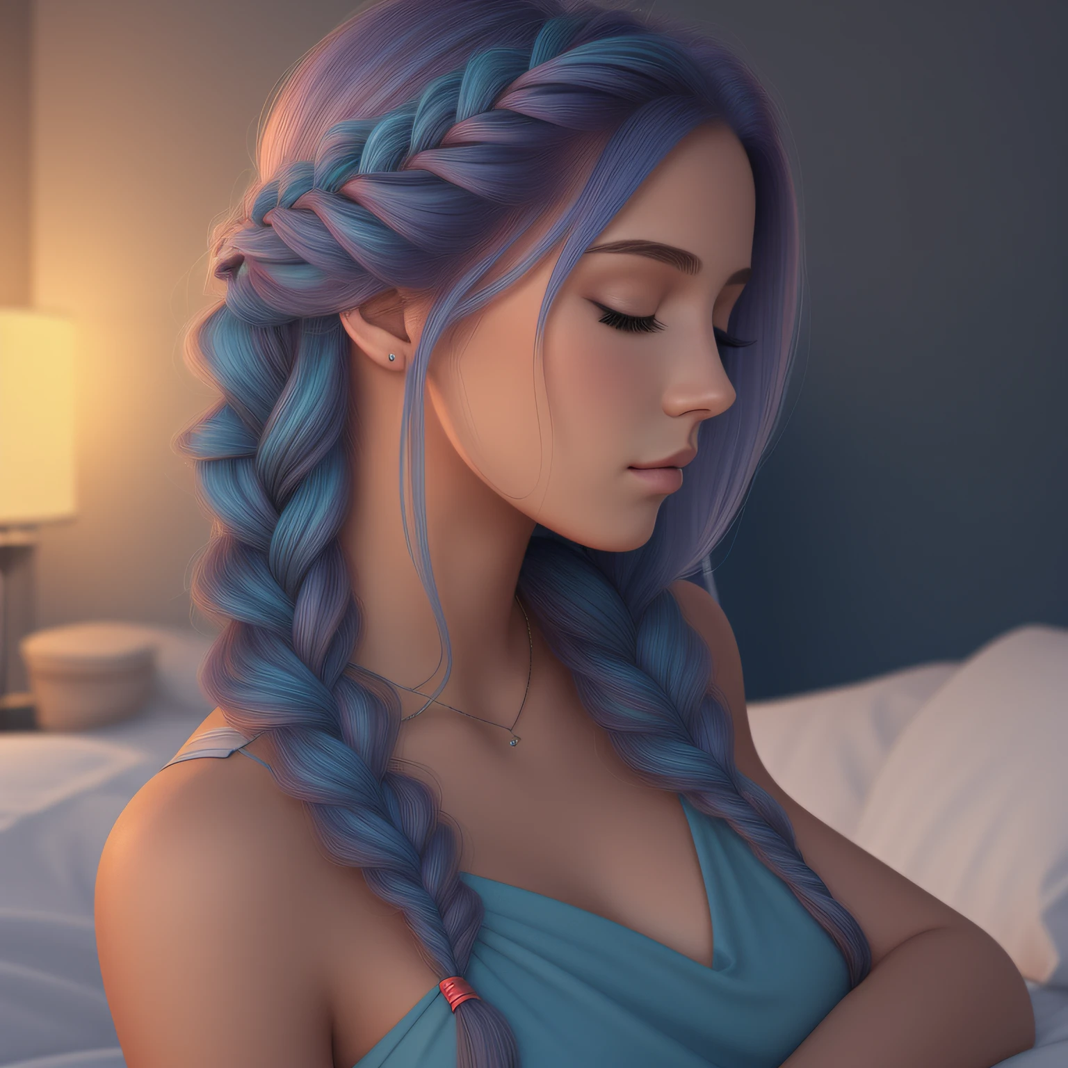 curly long blue hair, BRAIDED HAIRSTYLE, sleeping on the bed, natural lightning, raw color, wearing night short dress, 8k, illustrator, masterpiece, high quality, 8k, high resolution, high detailed