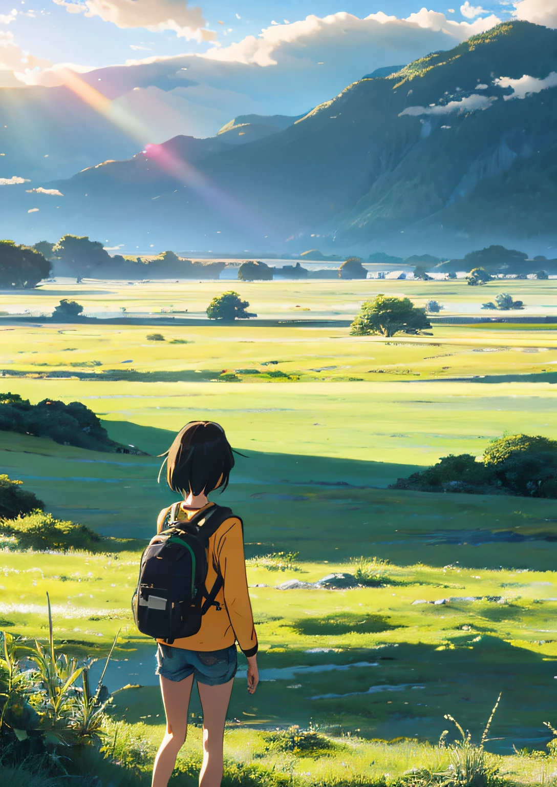 The vast sky, large grasslands, moving visual effects, colorful natural light, and a girl wearing a long-sleeved top and shorts with a backpack can be faintly seen in the distance in the middle of the meadow.