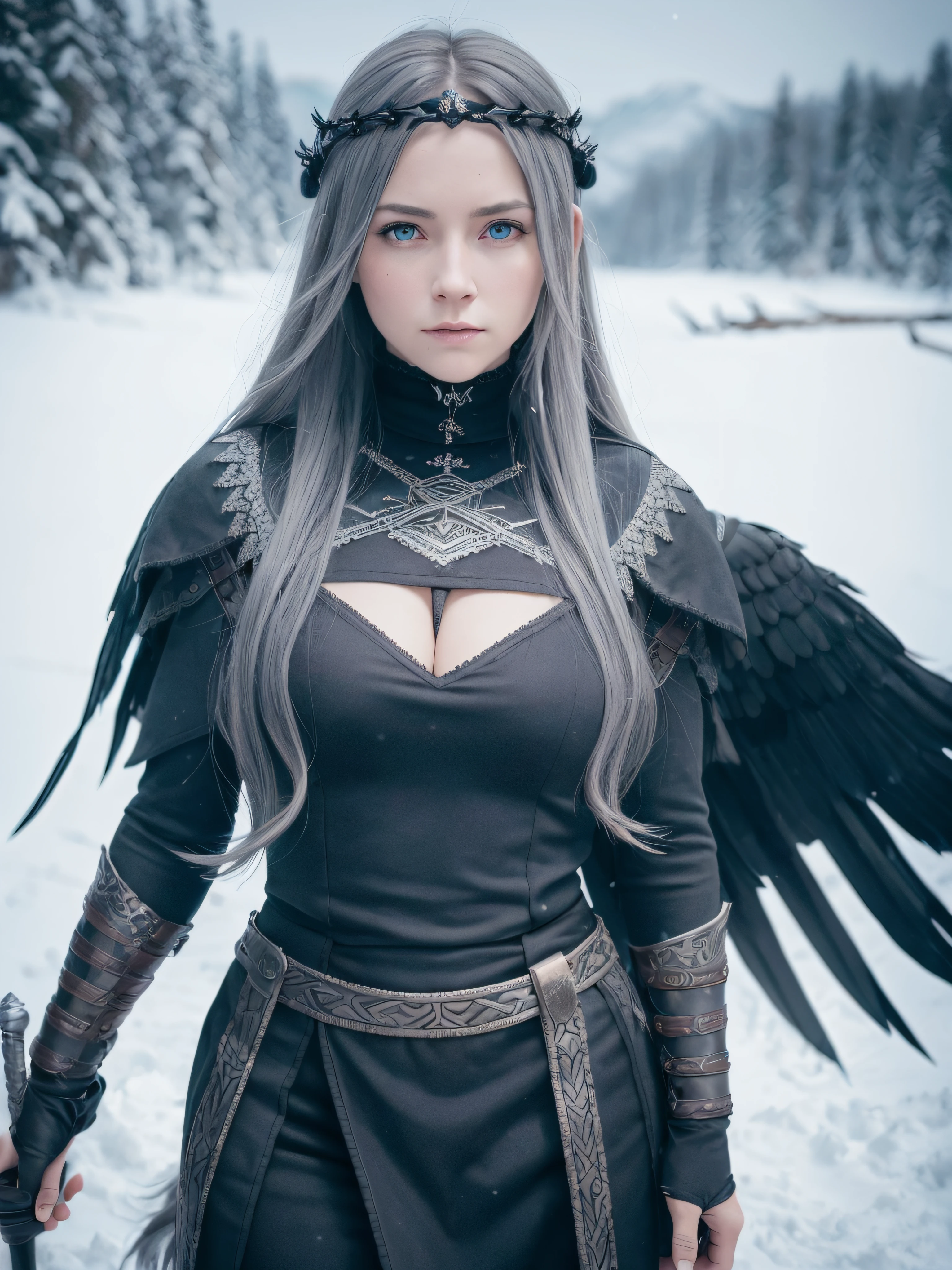 hilda godnnes viking, ultrarealistic woman photographic style, beauty female, sexy face, black raven tiara, black viking armor, realistic caucasian skin, perfect skin, gray long hair with fringe, ultrasimetric face, proporcional head, long viking mitologic dress, blue sensual eyes, hilda saint seiya, snow field bachground, perfect hands, one head, d&d, sharp lense, professional photographie, 100mm lense, dark art, ultra quality, unreal engine 5, wallpaper, colerful, highly detailed, 8k, soft light, photo realistic, ultrarealistic