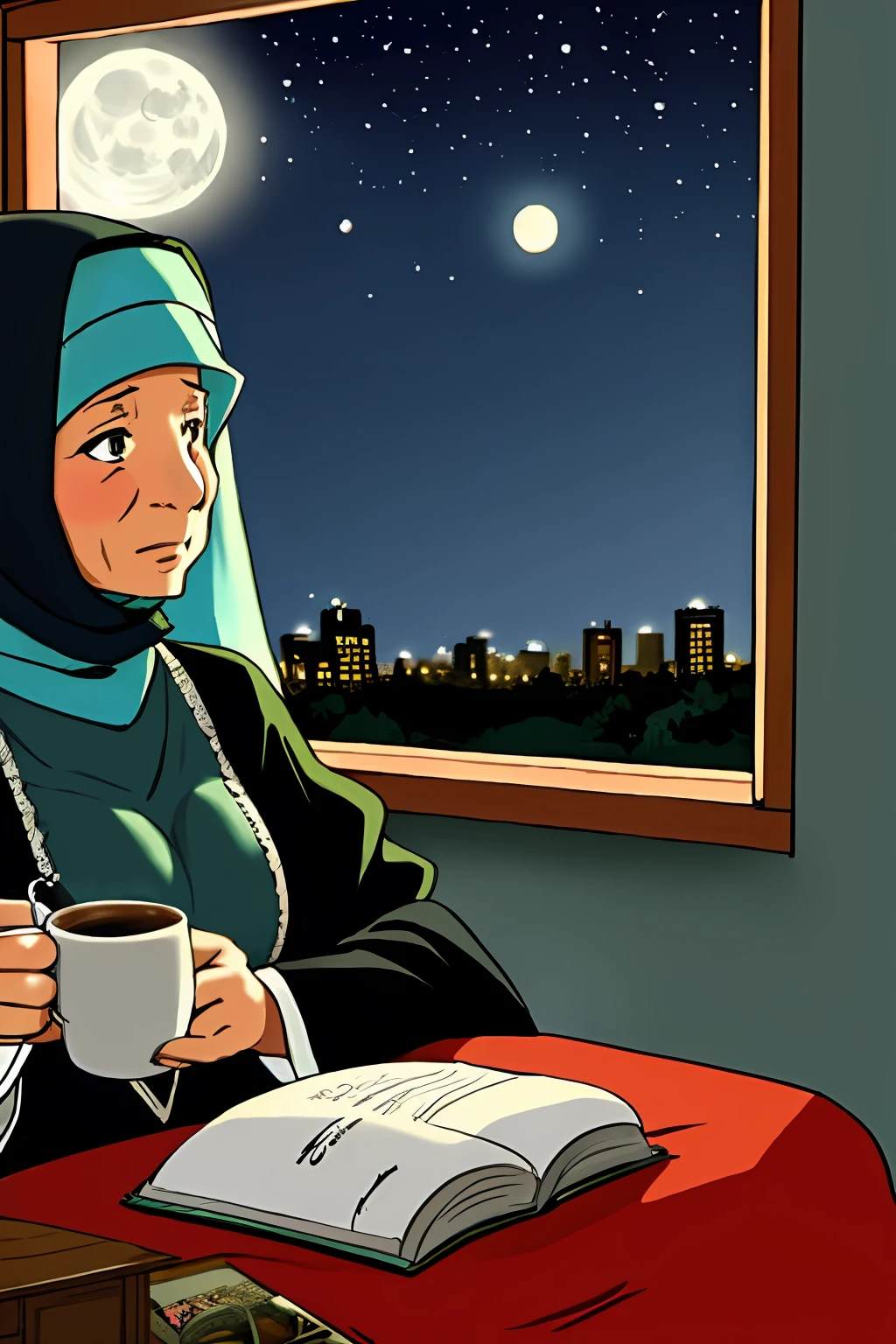 elderly Arabic woman wearing hijab, Muslim, sitting in chair with cup of coffee in front of window, elderly woman, thoughtful ), elderly, in a comfortable chair, old woman, older woman, old lady, thoughtful, night sky with full moon outside, looking outside, an old lady, looking out window,