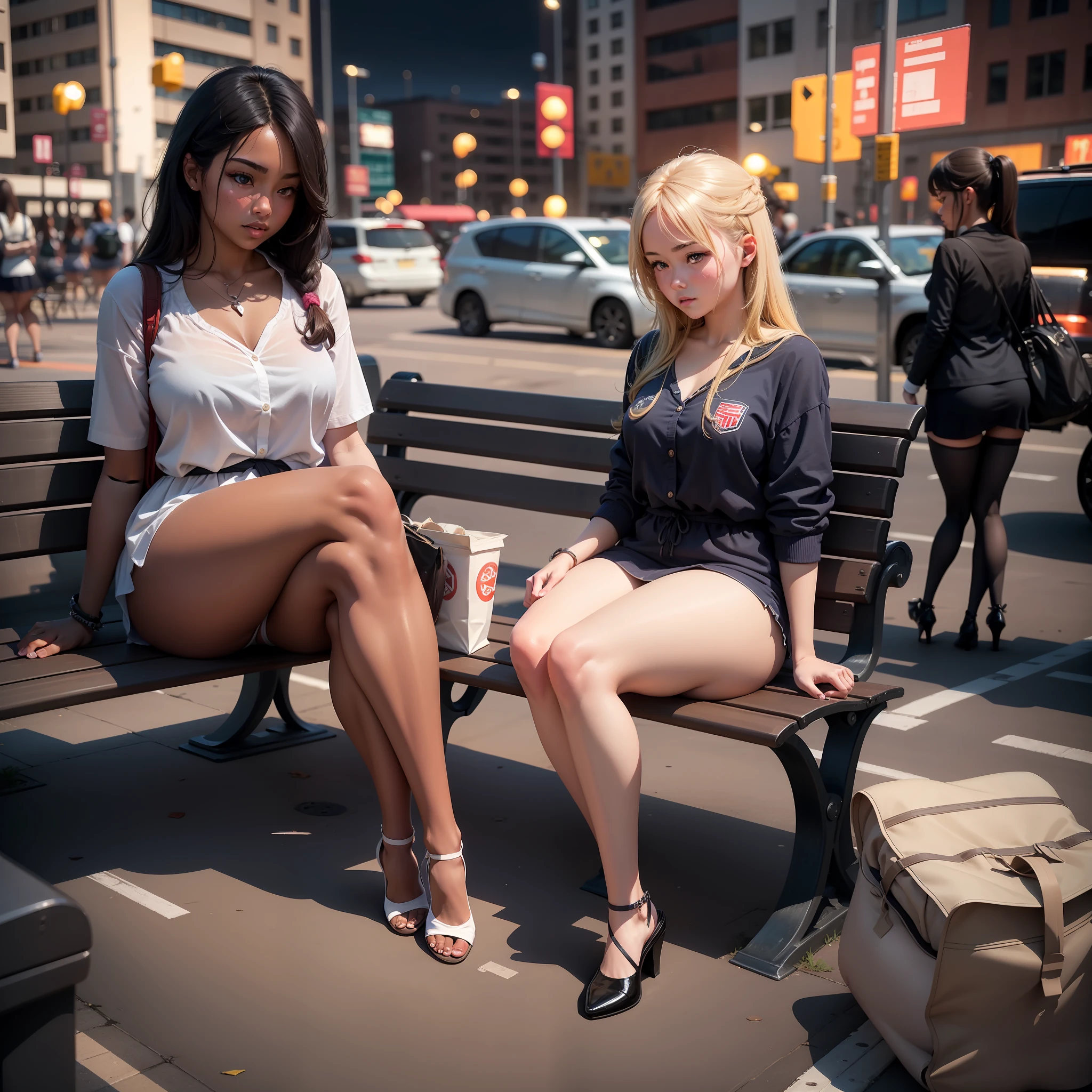Two women sitting on benches,Legs crossed,Erlang legs,Plump and even, High-quality footage, Legs spread, legs visible, very low angle, low view, Bare with thighs!!!, High-quality video, juicy legs, In campus classrooms, Bare with thighs, legs taking your pov, uhd candid photo of dirty, Sit on a bench