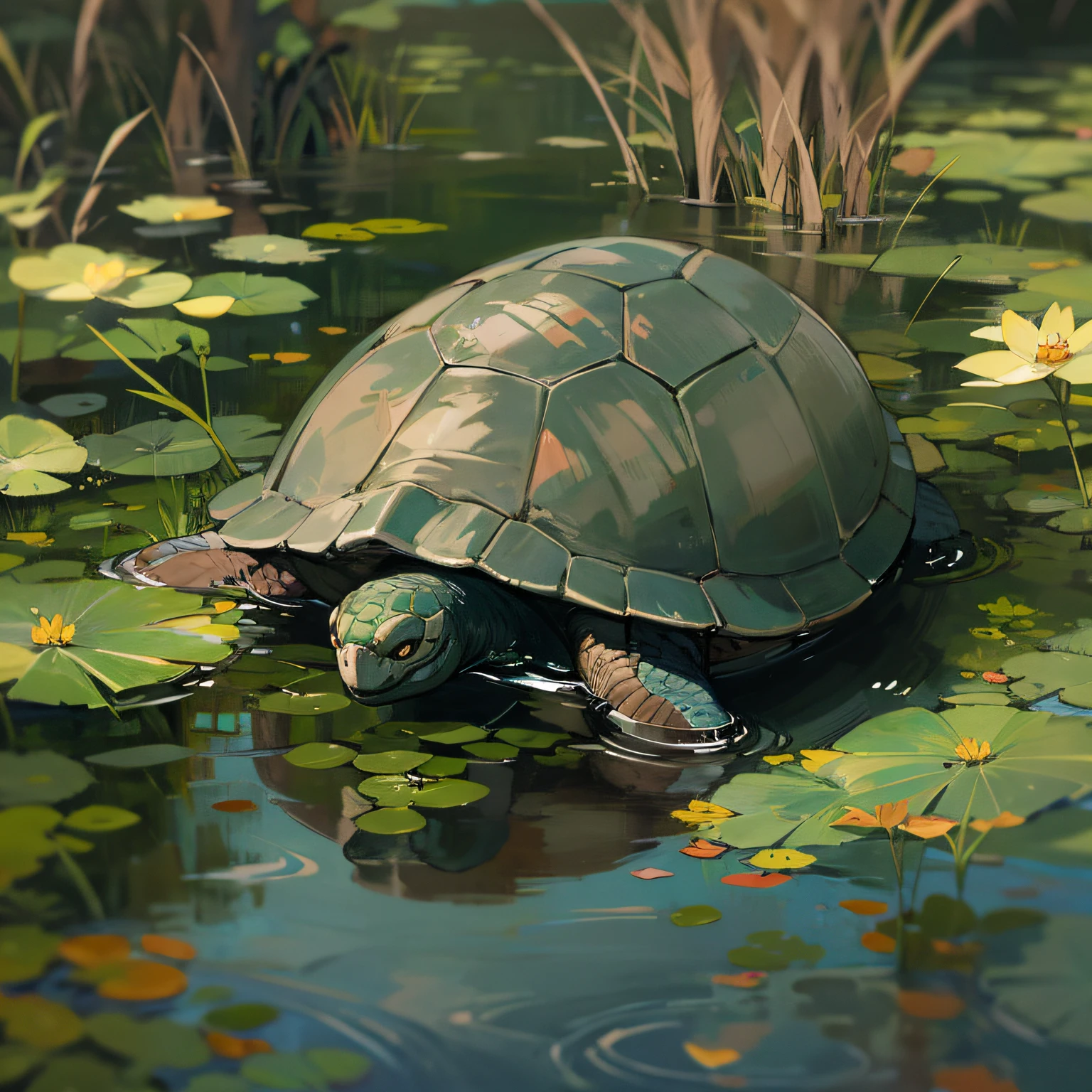 A turtle, in a pond, UHD, masterpiece, high quality