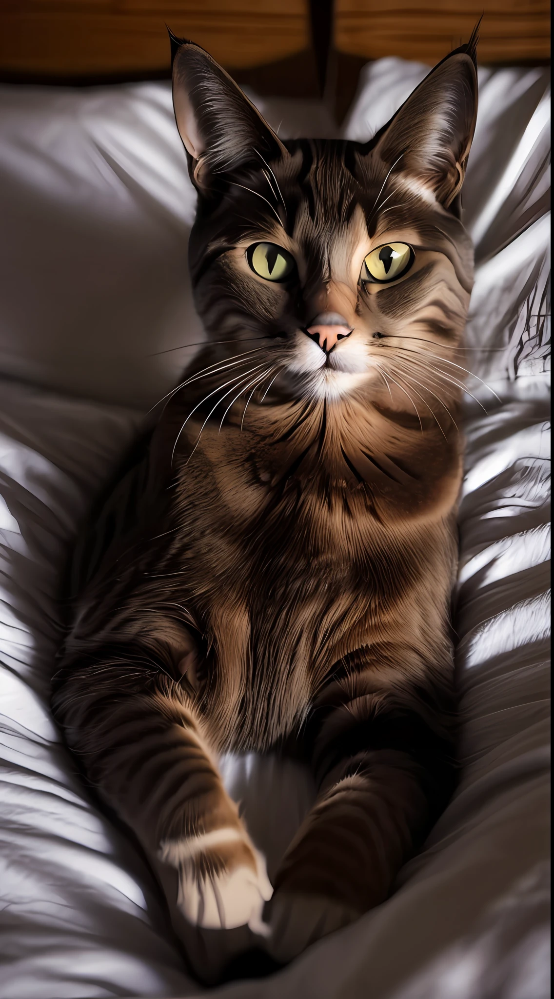 Foto detallada de un (((gato presa))) en la cama, Tema oscuro, foco nítido, Lindo, Discreto, Sombras profundas, warm light,