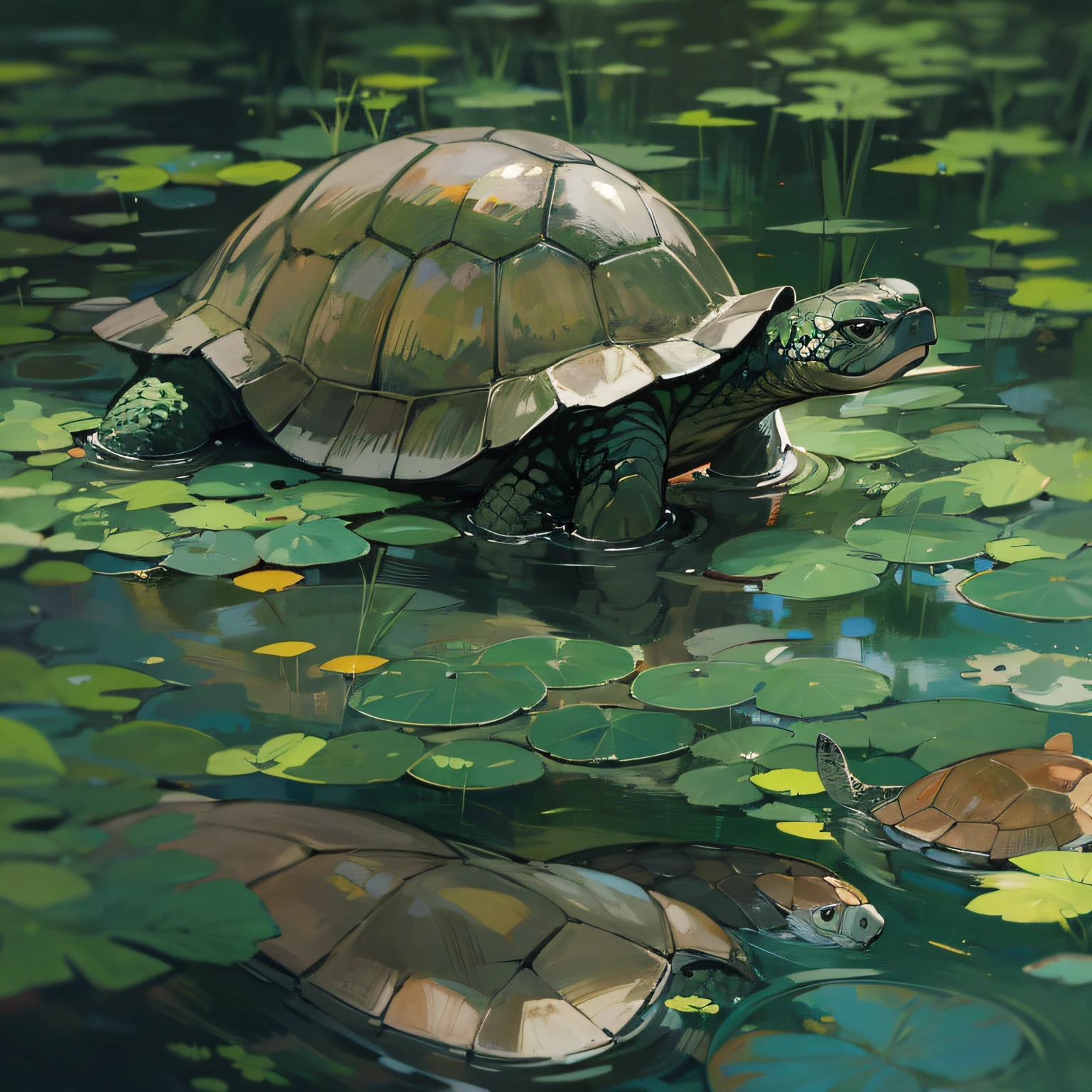 A turtle, in a pond, UHD, masterpiece, high quality