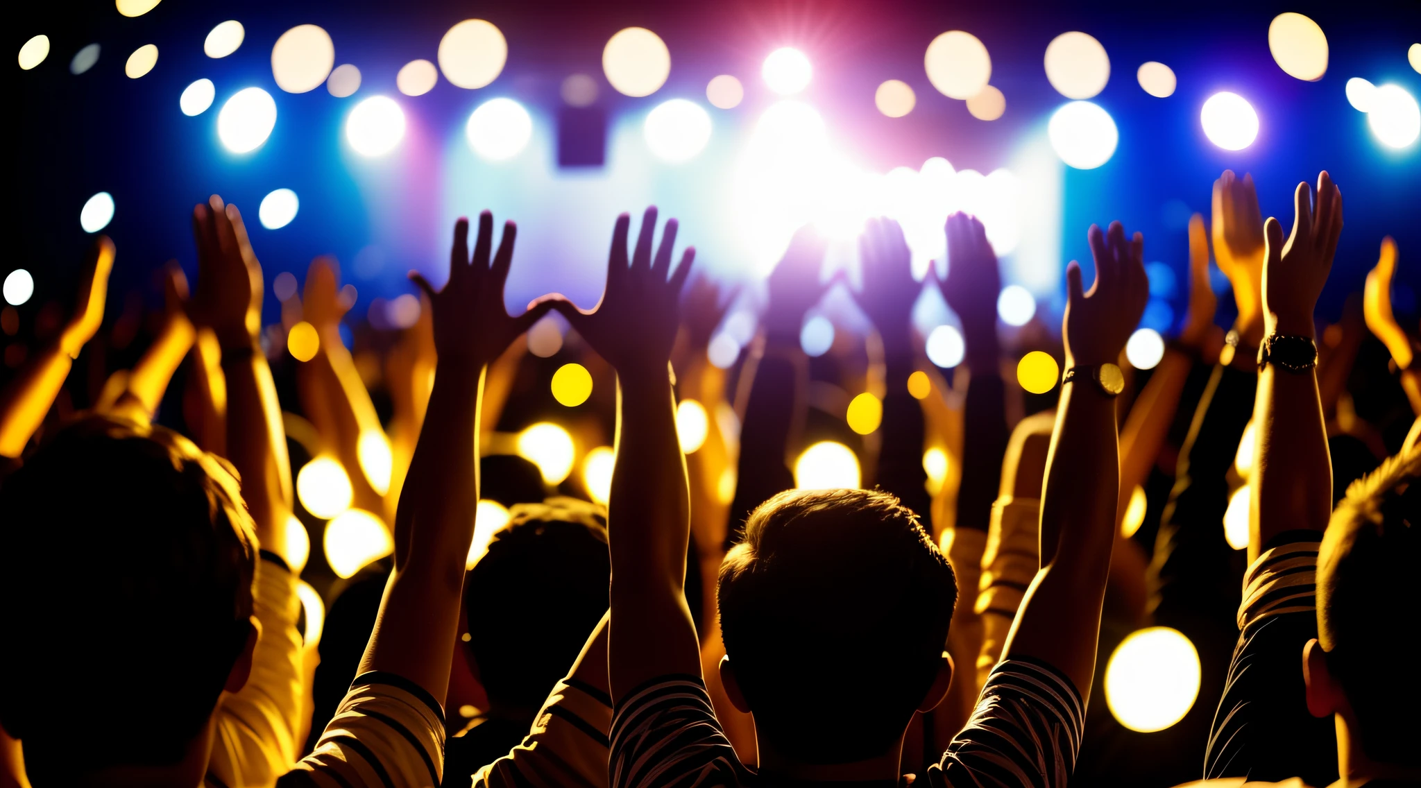 Someone is raising their hands in the air in worship, muchas personas adorando, luces en bokeh