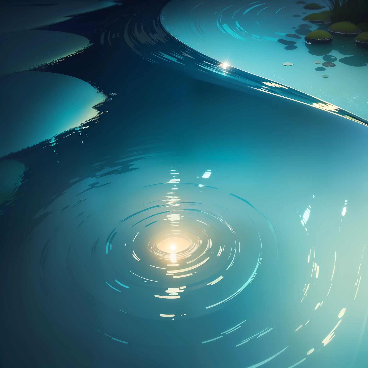 Fantastical、Below the surface of the water、Water glittering reflection、abstract painting、Sunset reflection、Quiet and soothing、Light shades of blue and green