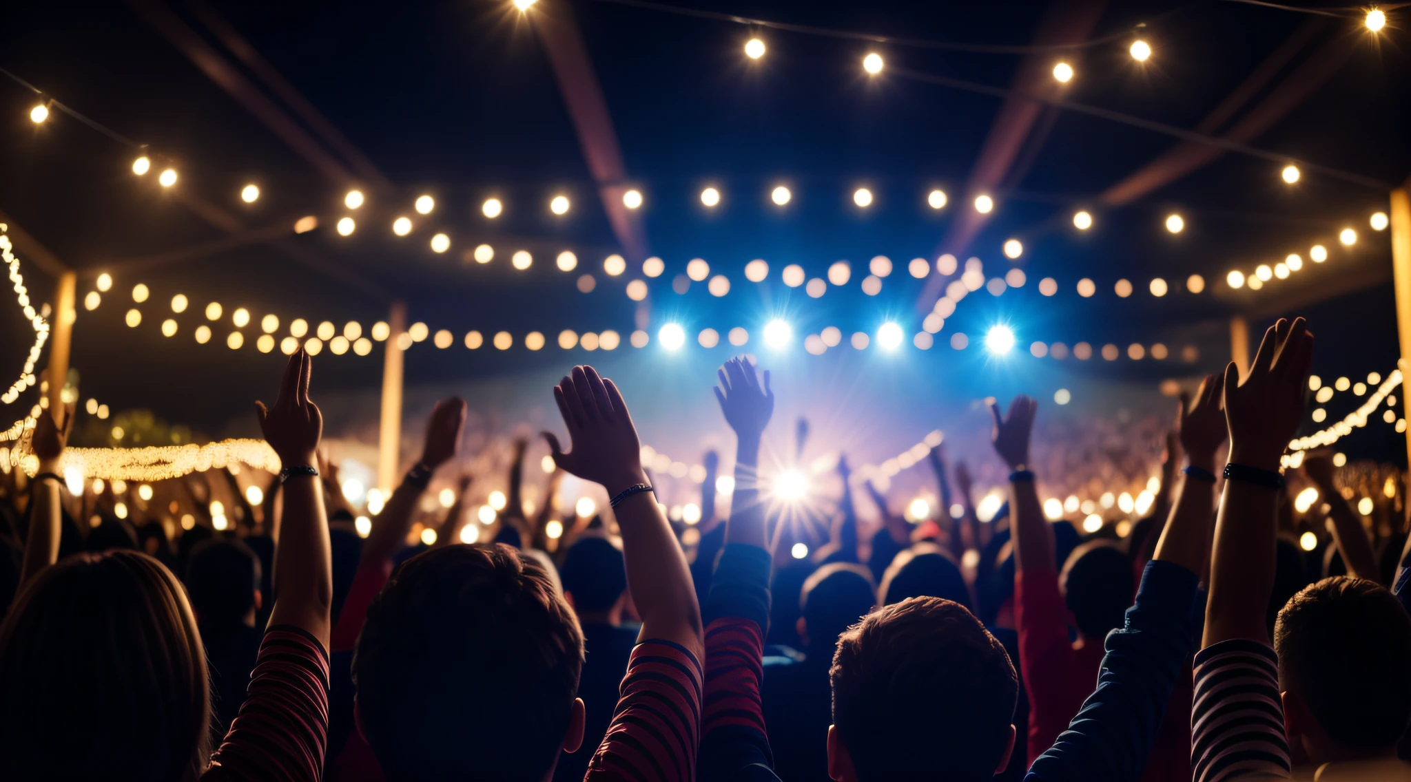 Someone is raising their hands in the air in worship, muchas personas adorando, luces en bokeh
