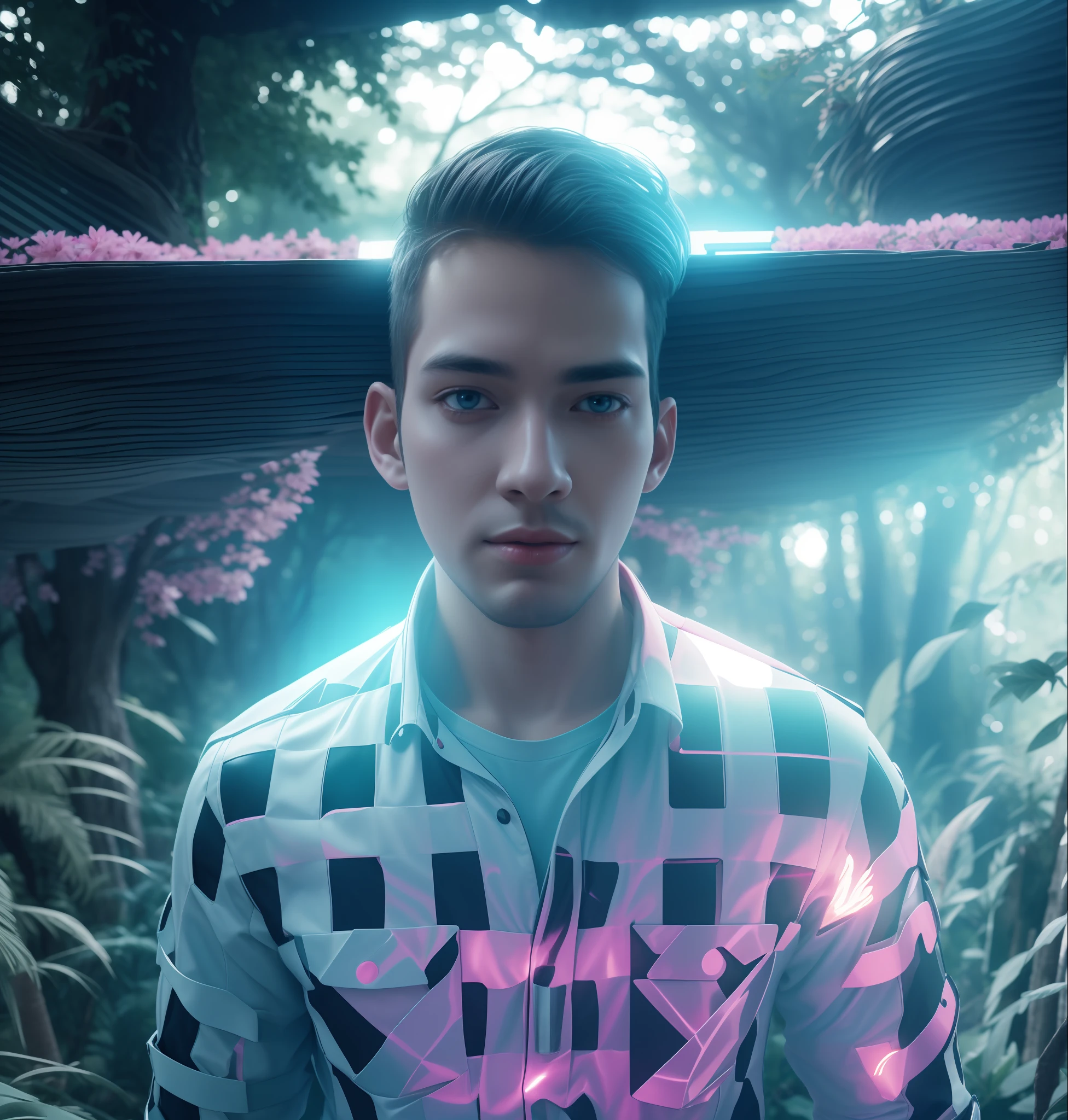 masterpiece, best quality, high quality,extremely detailed CG unity 8k wallpaper, An enchanting and dreamy scene of a fantasy forest, with towering trees, glowing mushrooms, and hidden fairy glens, creating a sense of mystique and enchantment, artstation, digital illustration, intricate, trending, pastel colors, oil paiting, award winning photography, Bokeh, Depth of Field, HDR, bloom, Chromatic Aberration ,Photorealistic,extremely detailed, trending on artstation, trending on CGsociety, Intricate, High Detail, dramatic, art by midjourney , change background into electronic and flame, boy wearing robot suit