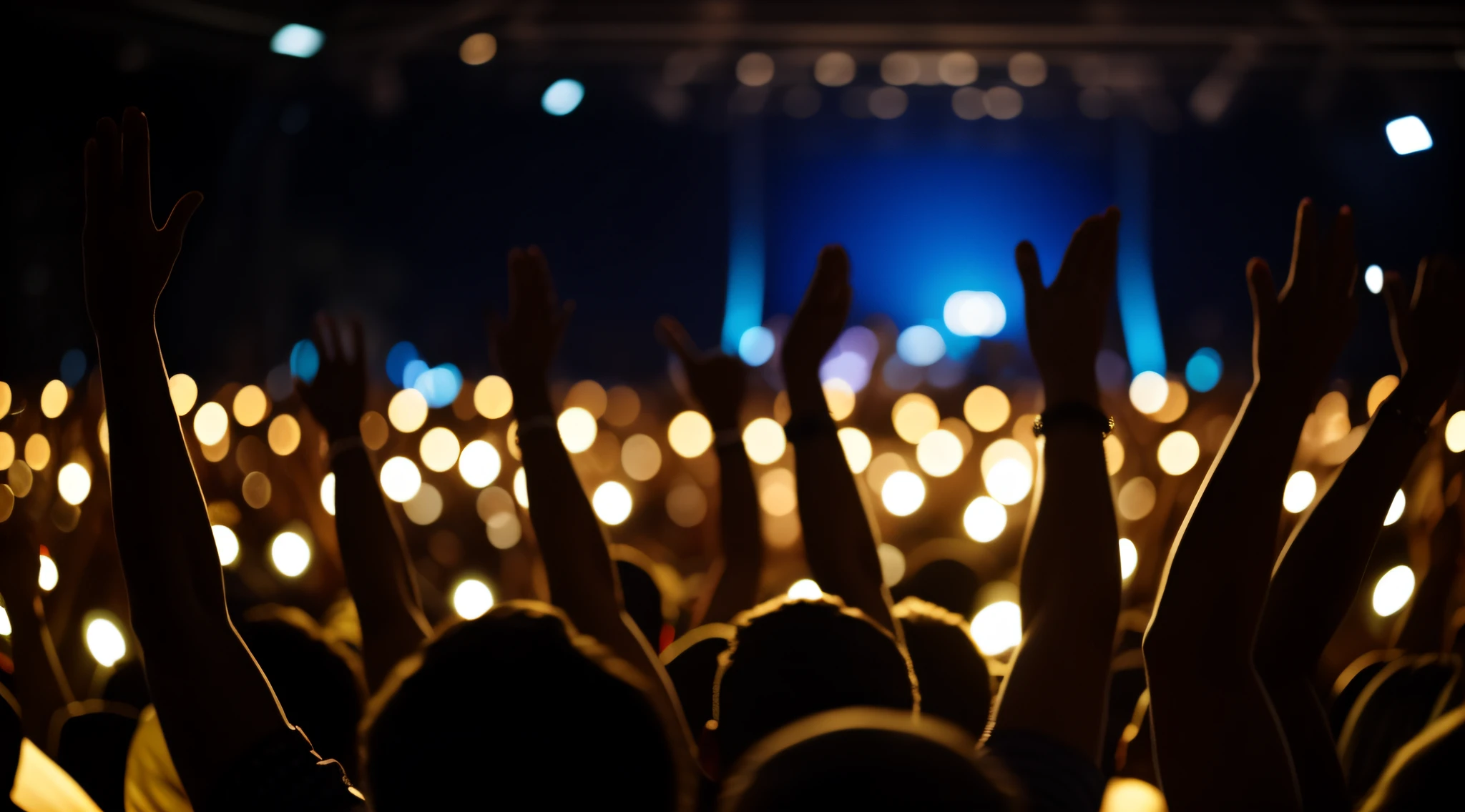 Someone is raising their hands in the air in worship, muchas personas adorando, luces en bokeh