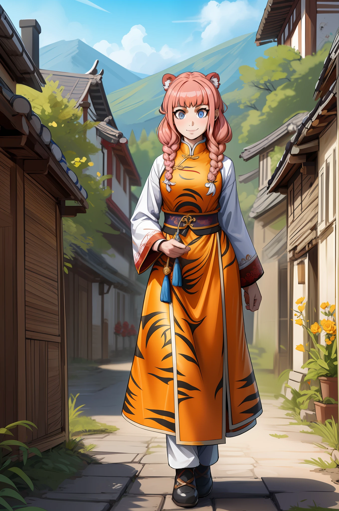 Caomei ,, oreilles de tigre, queues de tigre, Art martial, poitrine moyenne, cheveux roses, jupe, gilet, goddess,1fille,manteau,marche, mise au point solo.1personnage, sainte montagne catholique,, goddess, fantaisie, Jupe longue, sourire, suffisant, cheveux roses, seul, corps entier, oreilles de tigre, modeste; Tissus traditionnels chinois