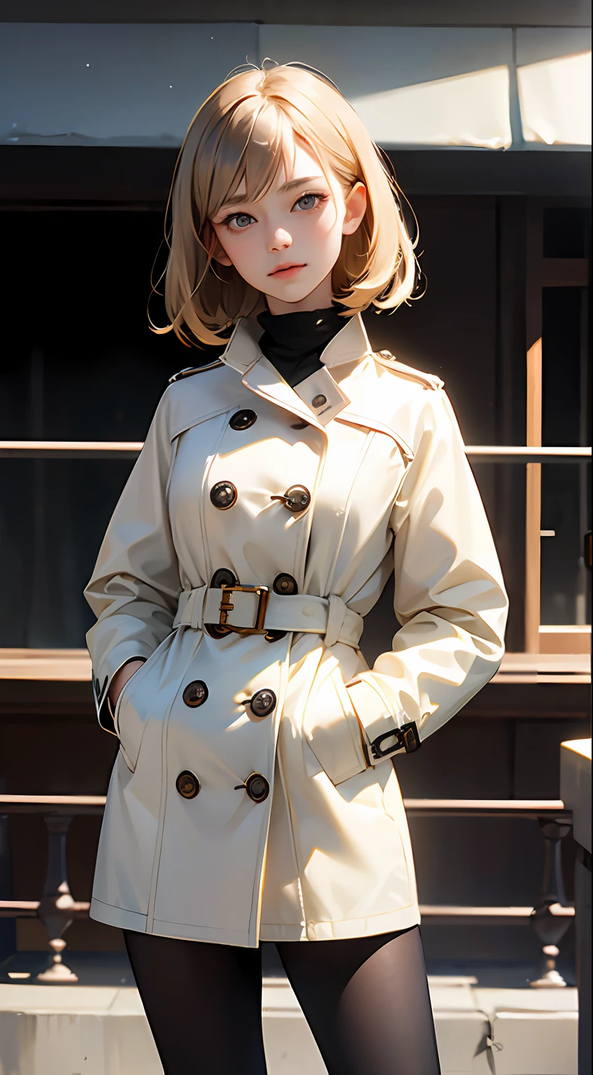 PM, (Brown knitwear and white trench coat:1), Golden Fringe Shorthair, Light brown eyes, 1girl in, 20yr old, Innocence, (Photorealsitic), (masterpiece, :1.3),(top-quality:1.4), (超A high resolution:1.2), 超A high resolution, (A detailed eye), (detailed facial features), nffsw, 8K分辨率, (lensflare:0.7),Colossal tits、tights
