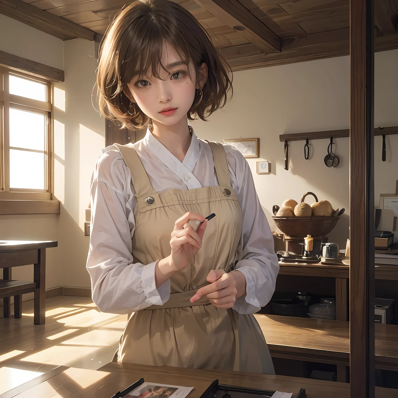 (supermarket:1)、PM、Doctor dressing、Light brown fringe short hair、Light brown eyes、1girll、Innocent、(Photorealsitic)、(intricate detailes:1.2)、(masterpiece、:1.3)、(top-quality:1.4)、(超A high resolution:1.2)、超A high resolution、(A detailed eye)、(detailed facial features)、nffsw、8K分辨率、、(lensflare:0.7)、Looks Back、Busy with inspection reports、Facial vibrating sounds