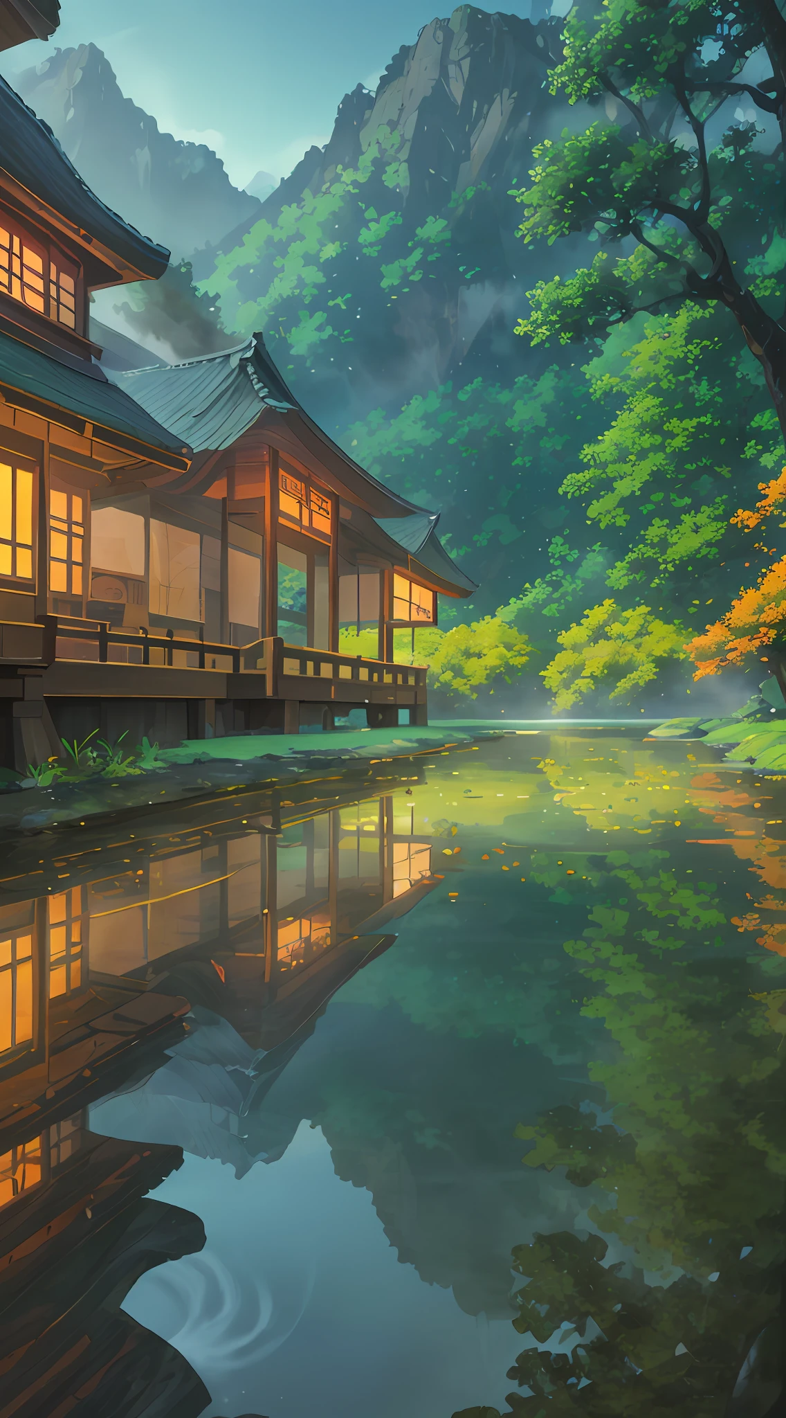 Hot springs, heat, water vapor, waterfalls, ancient Chinese times, jungles, lakes, caves, trees, meadows, night (illustration: 1.0), epic composition, realistic lighting, HD details, masterpieces, best quality, (very detailed CG unified 8k wallpaper)