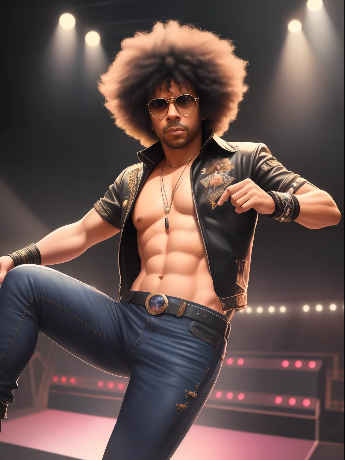 A (waist up:1.2) cinematic photorealistic color digital painting of Richard Ayoade The Gadget Man with the (80's heavy metal rock star hair style:1.2) jump in stage, detailed face, insanely detailed and intricate, crisp sharp and clear, volumetric lighting, ultra-high resolution, masterpiece hyper realistic artwork of Don Lawrence, centered, Professional color grading by Kennedy Hines Jr.
