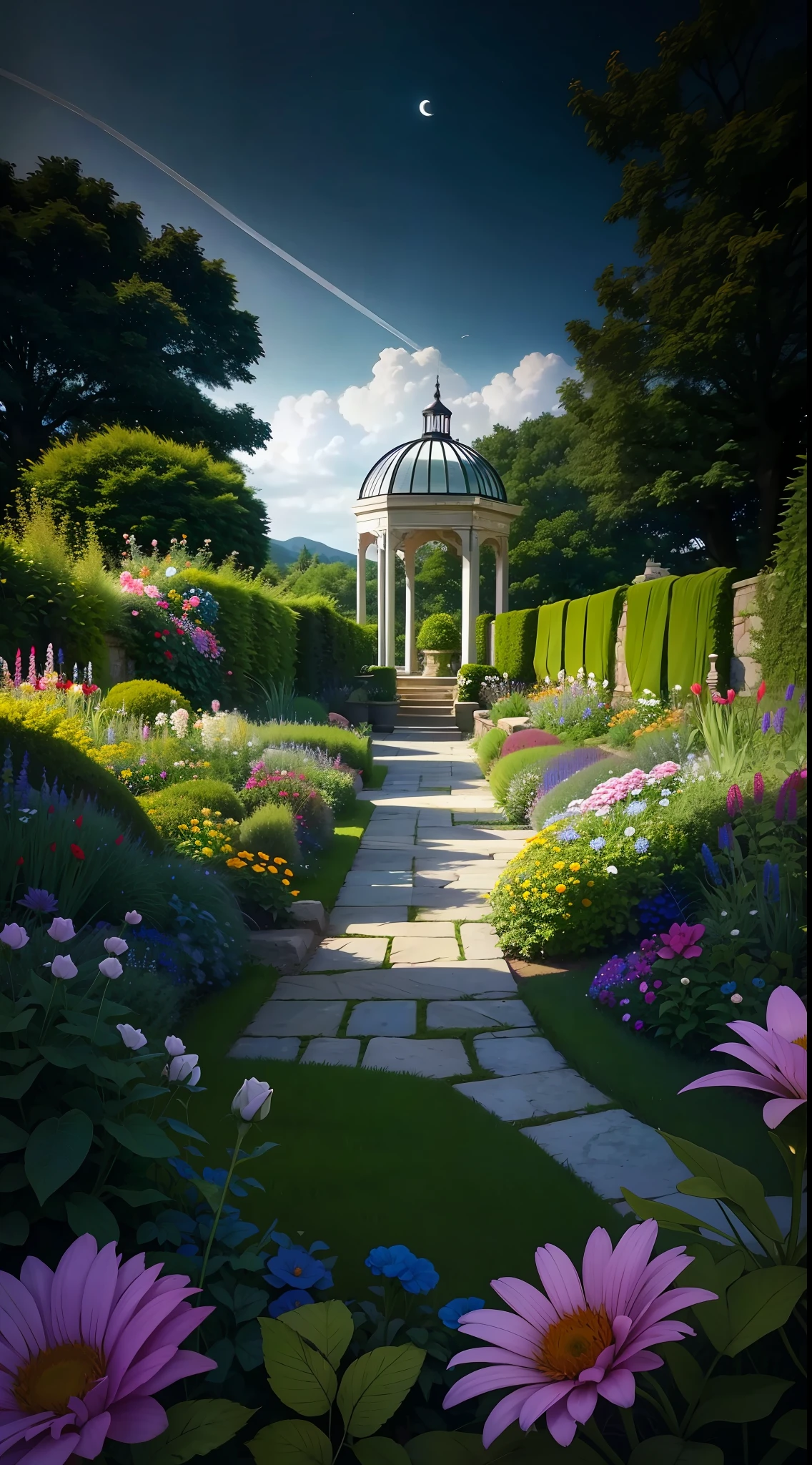 (illustrate:1.4), (Secret garden), A lush, Flowers, rosette, (a plant), romanticism lain, moodiness, space, As estrelas, Starcloud, beautiful cloud, themoon, tartan, tartan, trpical garden, gazebo, (photorealestic:1.5), (Good shadows),Good construction,Volumetriclighting,cinematic ligh,Good construction,(HighestQuali,Award-Awarded,tmasterpiece:1.5),The garden of the artifact