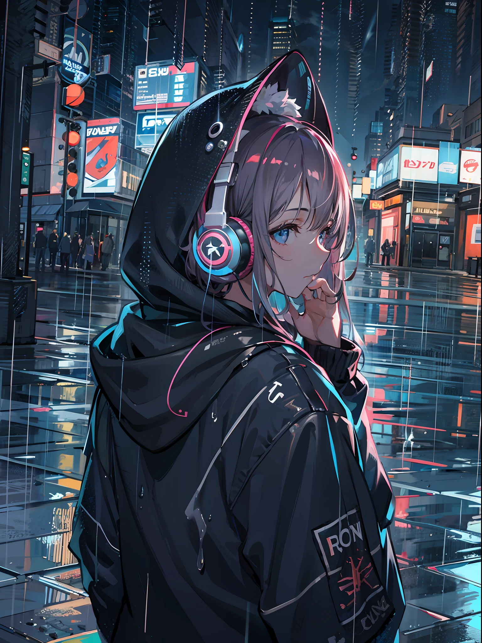 masterpiece, girl alone, solo, incredibly absurd, hoodie, headphones, street, outdoor, rain, neon,
