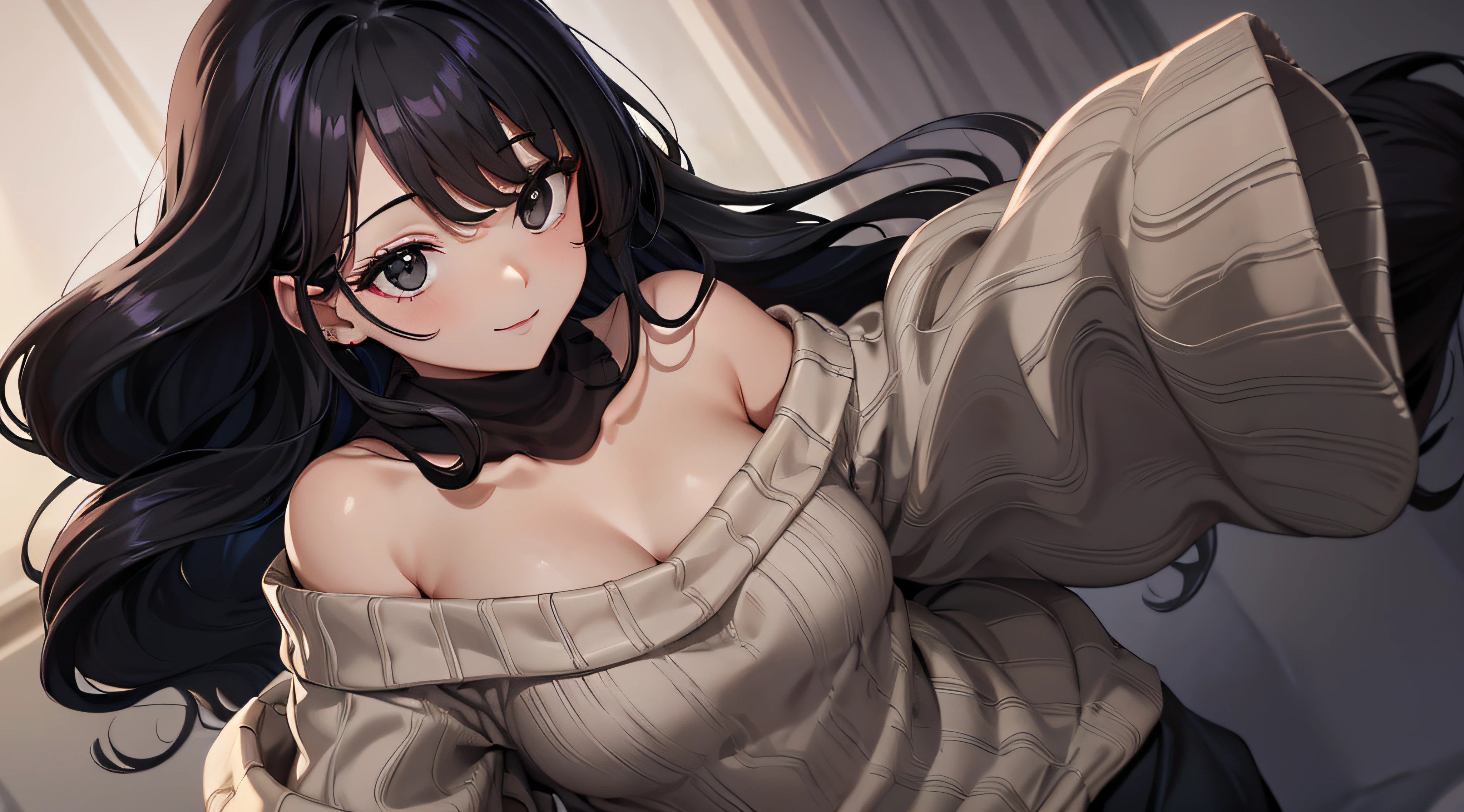 （((Chest opening off-shoulder sweater))) 、One girl、 Long black hair with slightly wavy hair、Black eyes、Superlative quality、((Top-notch image quality))、Neat and clean girls、beautiful a girl、Erotic look、Dainty girl、(((Poses)))、lightsmile、