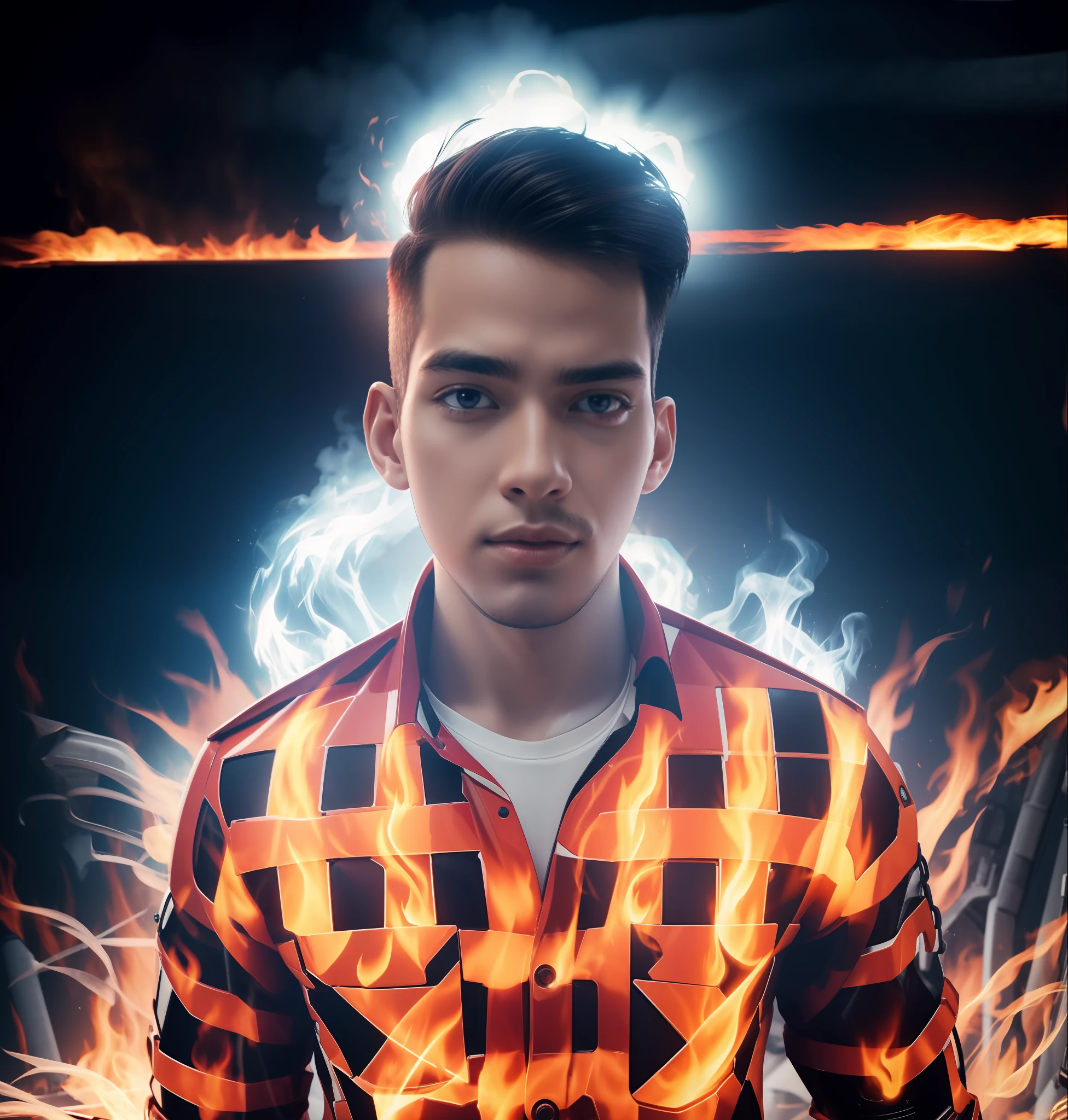 masterpiece, best quality, high quality, change background into electronic and flame, boy wearing robot suit