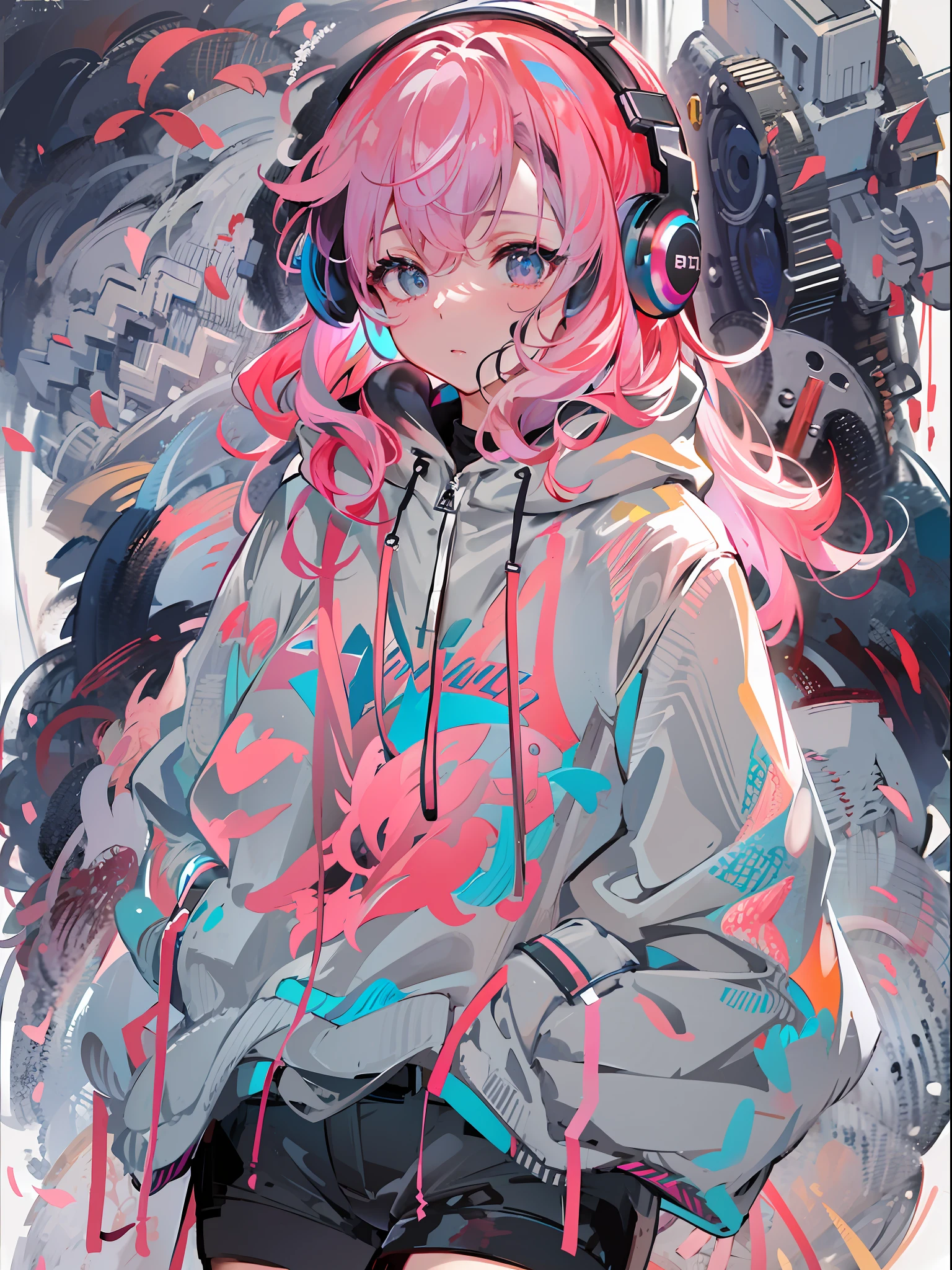 8K分辨率、((top-quality))、((​masterpiece))、((ultra-detailliert))、1 woman、独奏、incredibly absurdness、Oversized hoodies、headphones、Street、plein air、Sateen、neons、Shortcut Hair、Brightly colored eyes、Hands in pockets、shortpants、water dripping