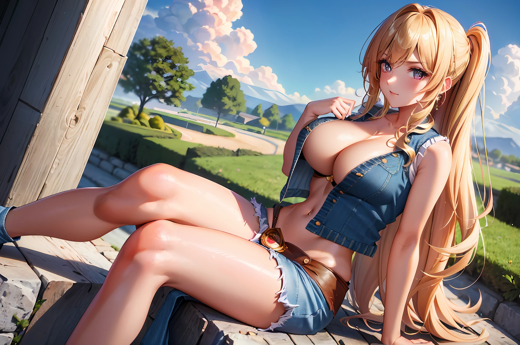 (tmasterpiece:1.4,best qualtiy),(Complicated details),Unity 8k壁纸,((hyper HD, retinas, Masterpiece, ccurate, Anatomically correct, Textured skin, Super detail, High details, High quality, A high resolution, Best quality, Award-Awarded, 16k)),ultra - detailed,Long wavy,curled,Long waves,Long blonde hair,Purple pupils,((gigantic cleavage breasts)),(Denim vests do not wear underwear,Expose your chest,exposing your navel:1.5),(Super short skirt:1.5),sitting on the stone,The scenery behind you is beautiful,Wide crotch,The photo contains the upper body and thighs,ellegance,womanly,carismatic,Red Jewel,Blush Eyeshadow,Pure desire,((Legs crossed)), Dynamic angles and poses,Dutch angle