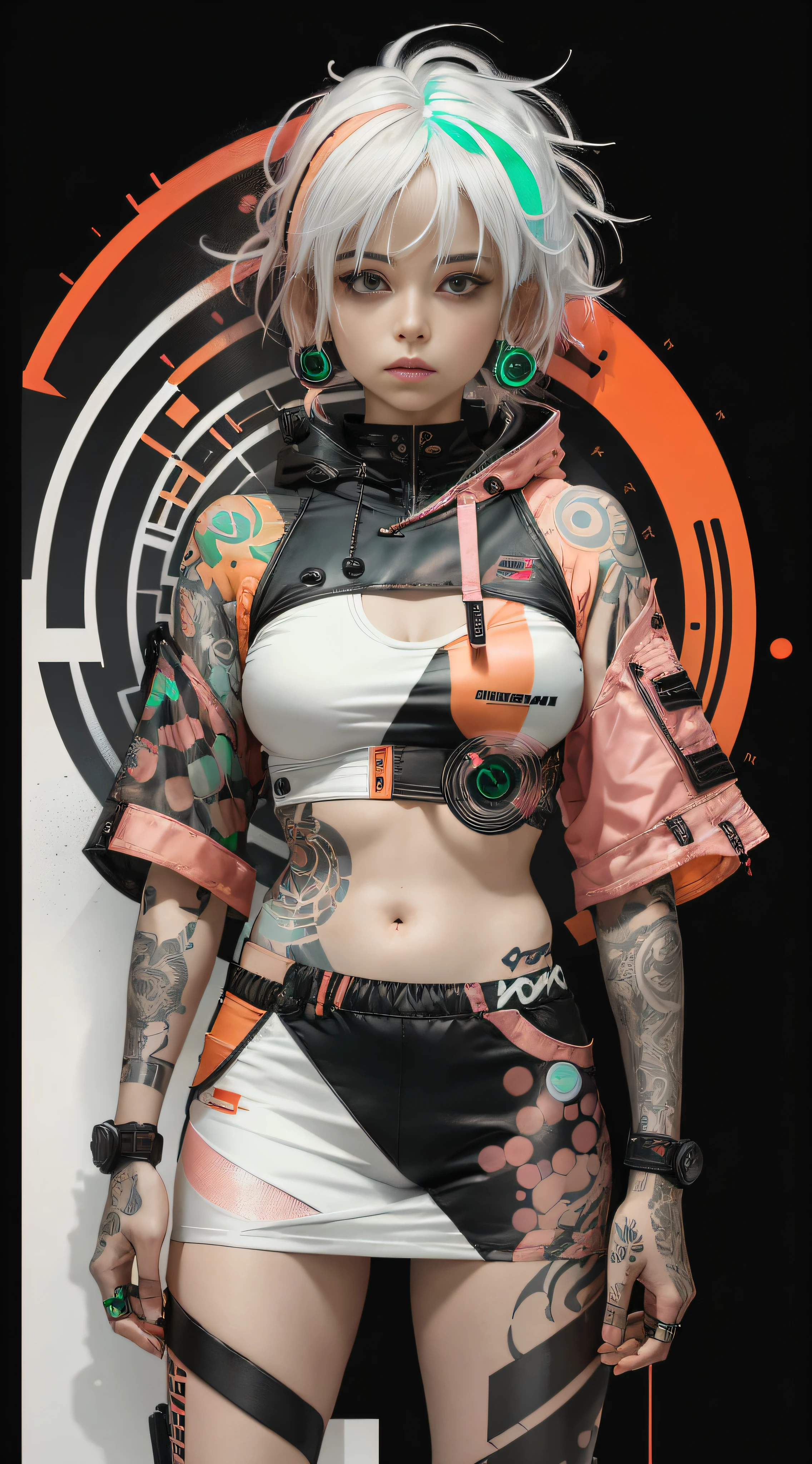 orange, pink, white, green, (white hair woman),tattoos, (techwear clothes:1.1),abstract lines and circles background