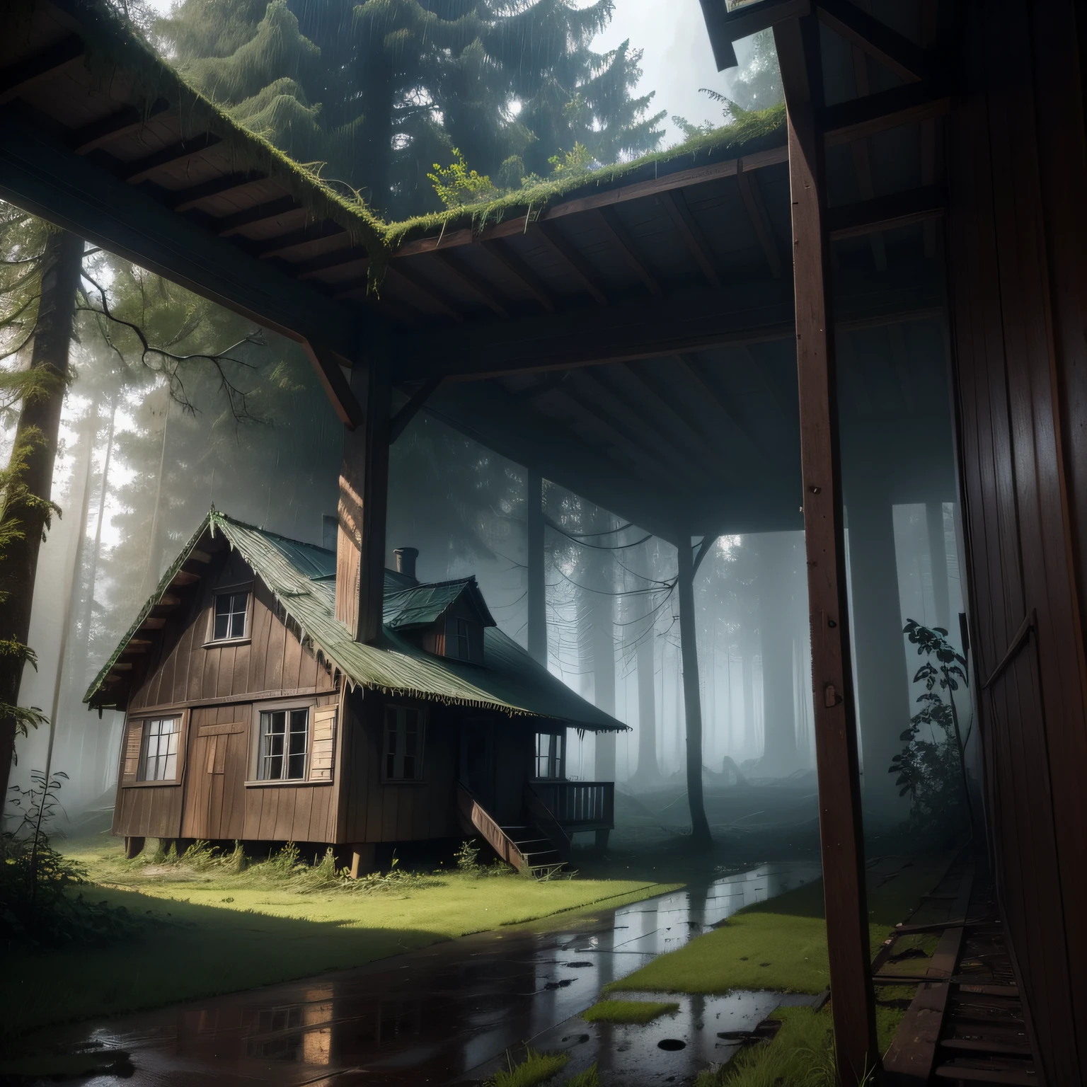 natta，In the forest there is a dilapidated house，rained，thunders，The atmosphere is terrifying